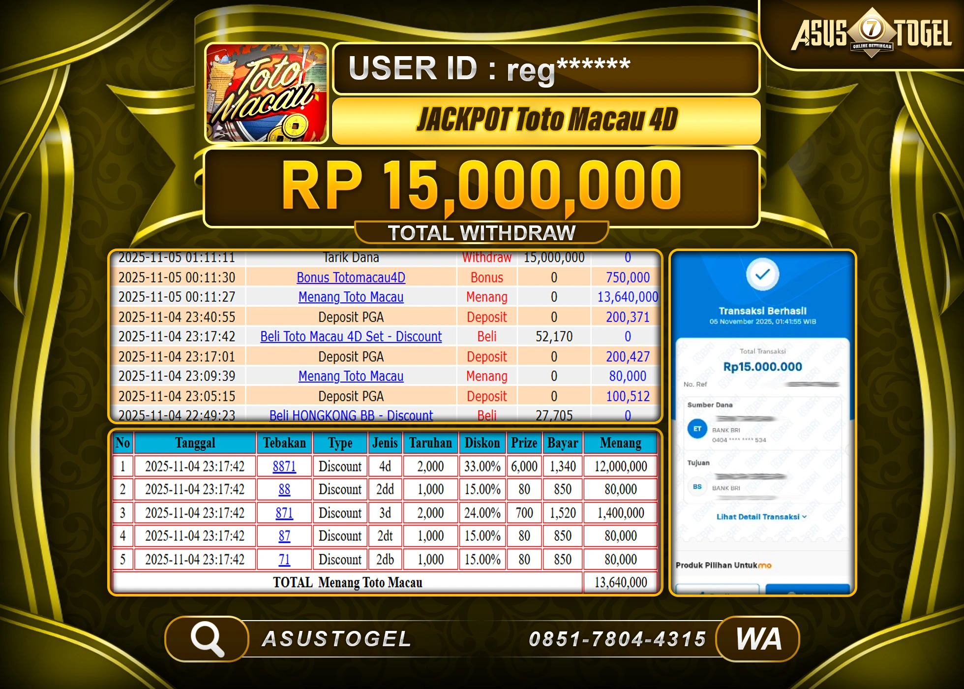 ASUSTOGEL KEMENANGAN DI TOGEL TOTO MACAU 4D SEBESAR 15,000,000 - RUPIAH LUNAS