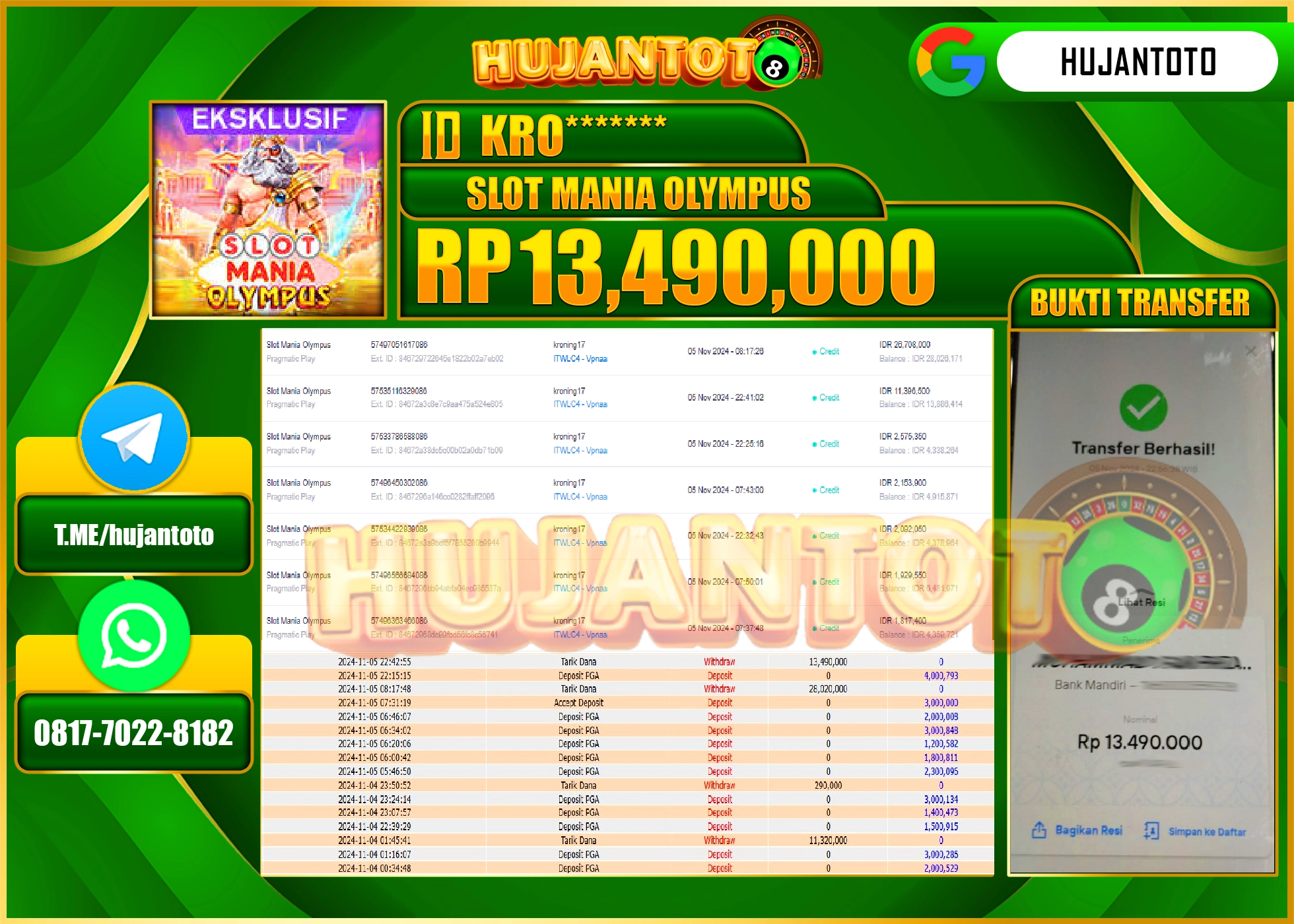 HUJANTOTO MENANG DI PERMAINAN  SLOT MANIA OLYMPUS - 13,490,000 - LUNAS