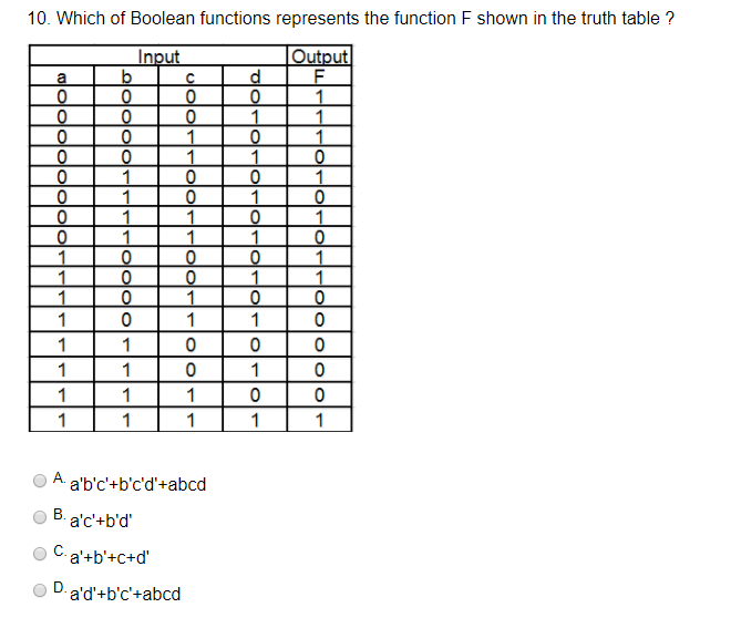 10. Which of Boolean functions represents the function F shown in the truth table? Output 1 0 1 A abc+bcd+abcd D ad+bc+abcd
