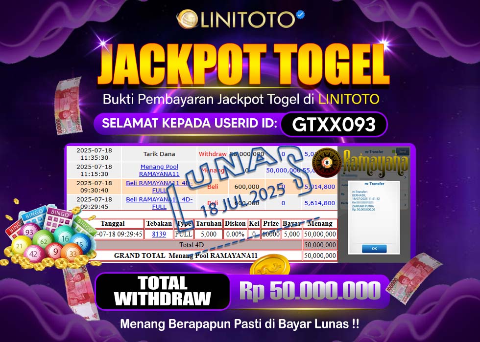 LINITOTO JACKPOT TOGEL RAMAYANA 11 Rp.50.000.000,- LUNAS