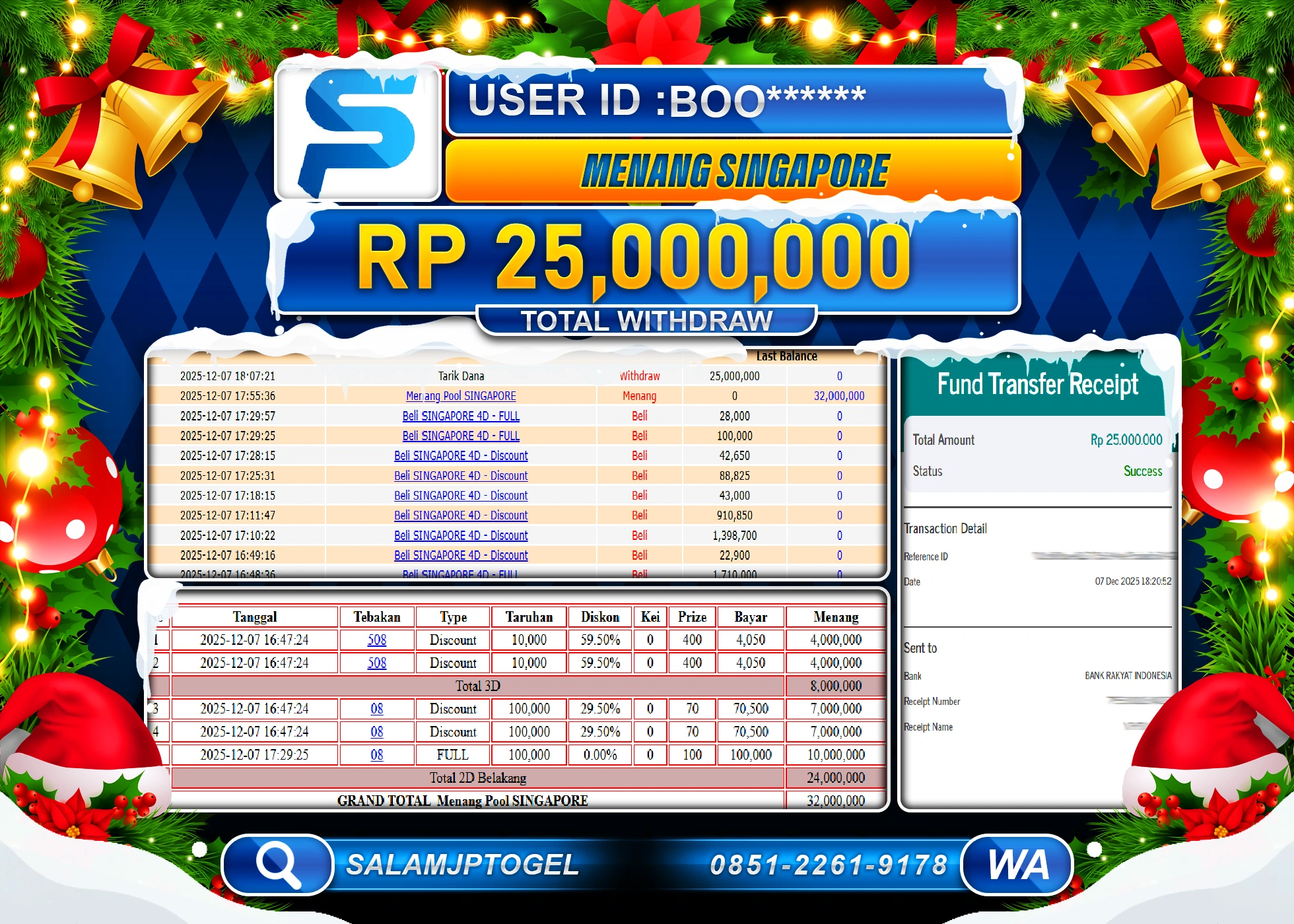 SALAMJPTOGEL JACKPOT TOGEL SINGAPORE POOLS Rp.25,000,000 - LUNAS