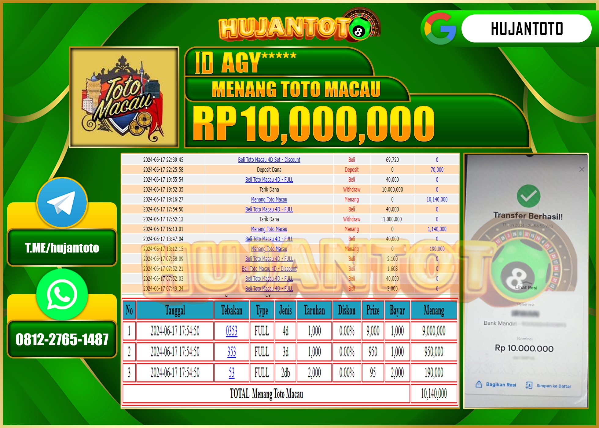 HUJANTOTO MENANG DI TOGEL TOTO MACAU GAMES 10.000.000 - LUNAS 