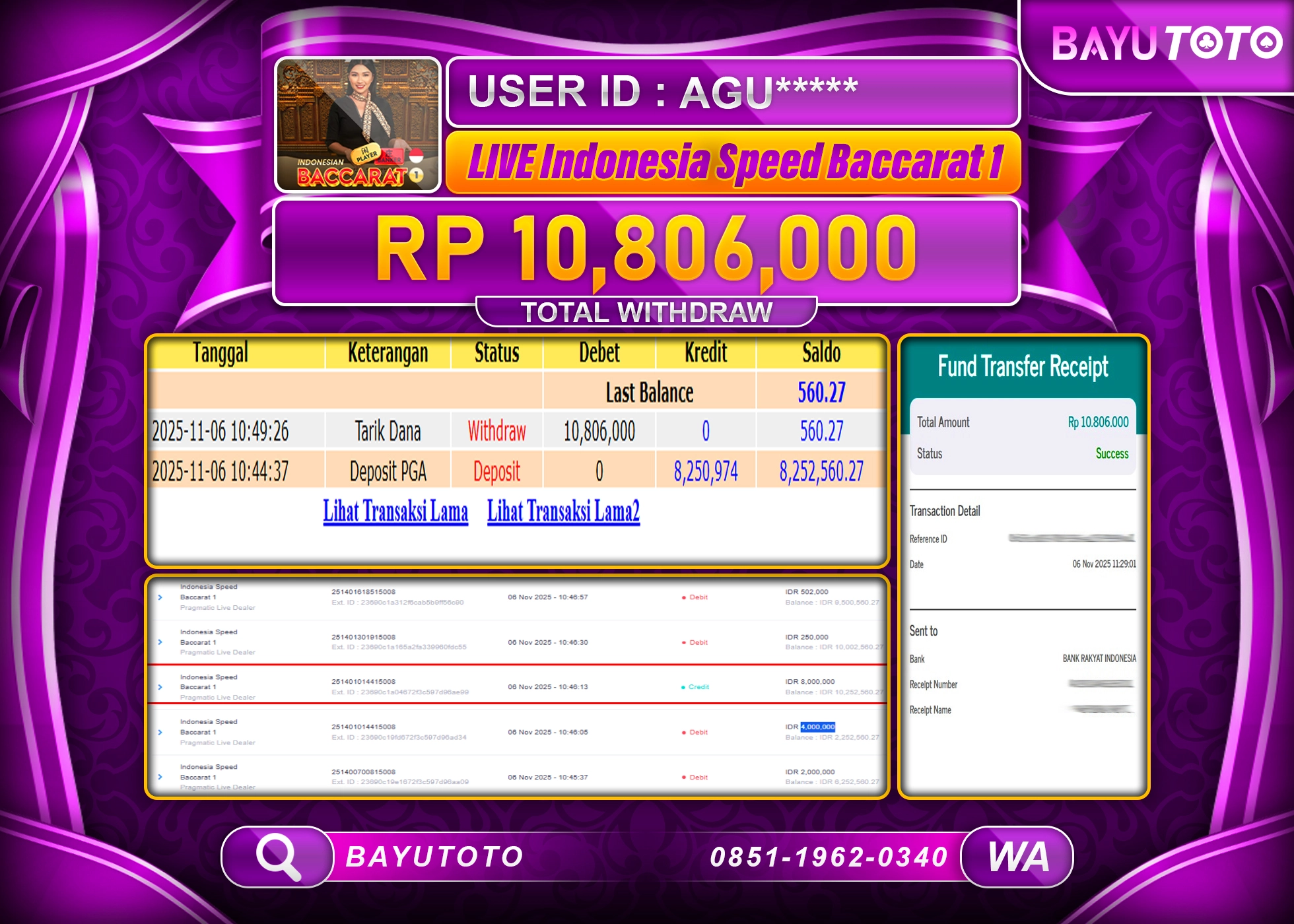 MEMBER BAYUTOTO JACKPOT DI INDONESIA SPEED BACCARAT 1 Rp. 10,806,000 LUNAS