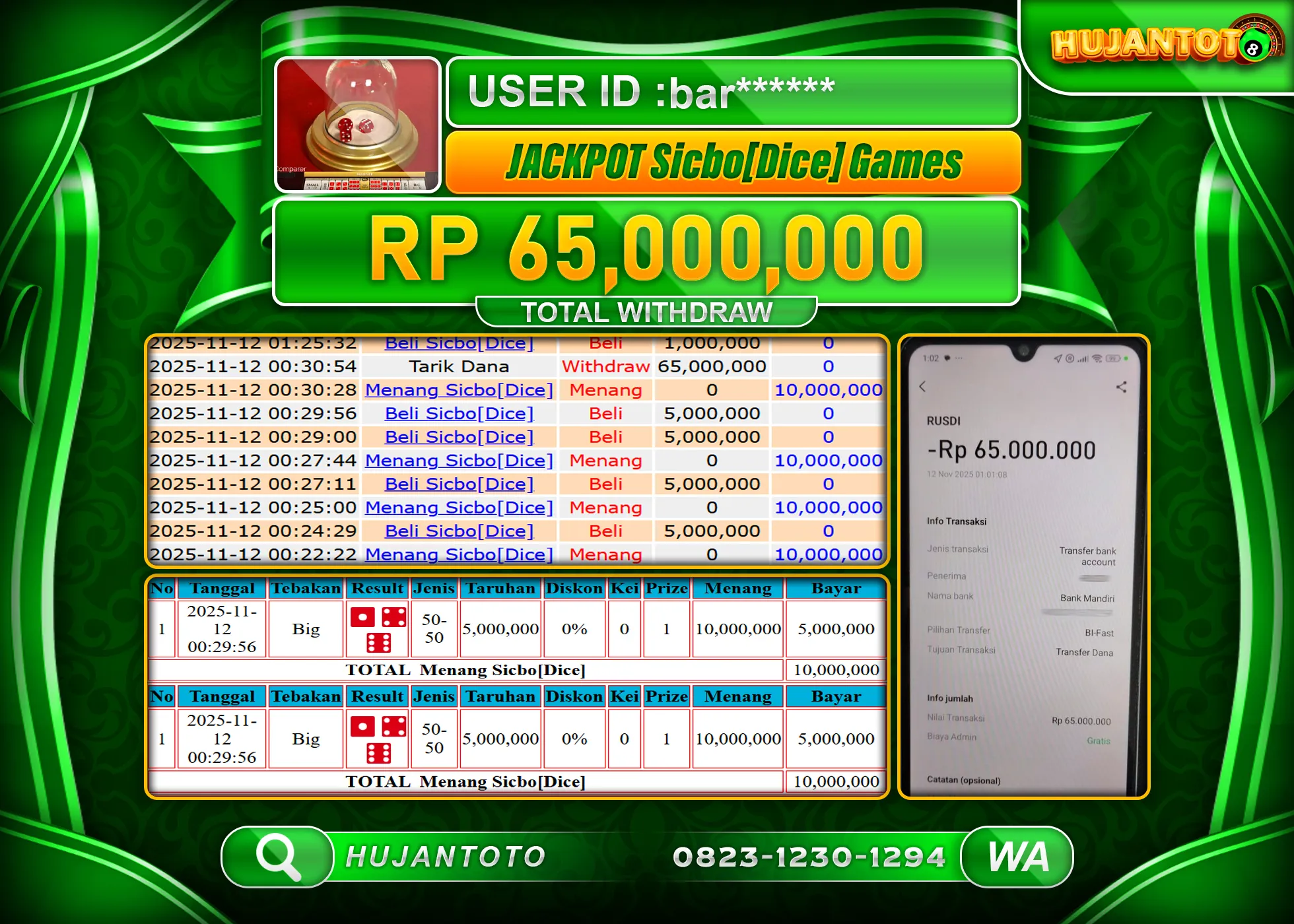 HUJANTOTO - BUKTI JACKPOT MENANG LIVE GAMES SICBO DICE Rp.65,000,000 - TERBAYAR LUNAS