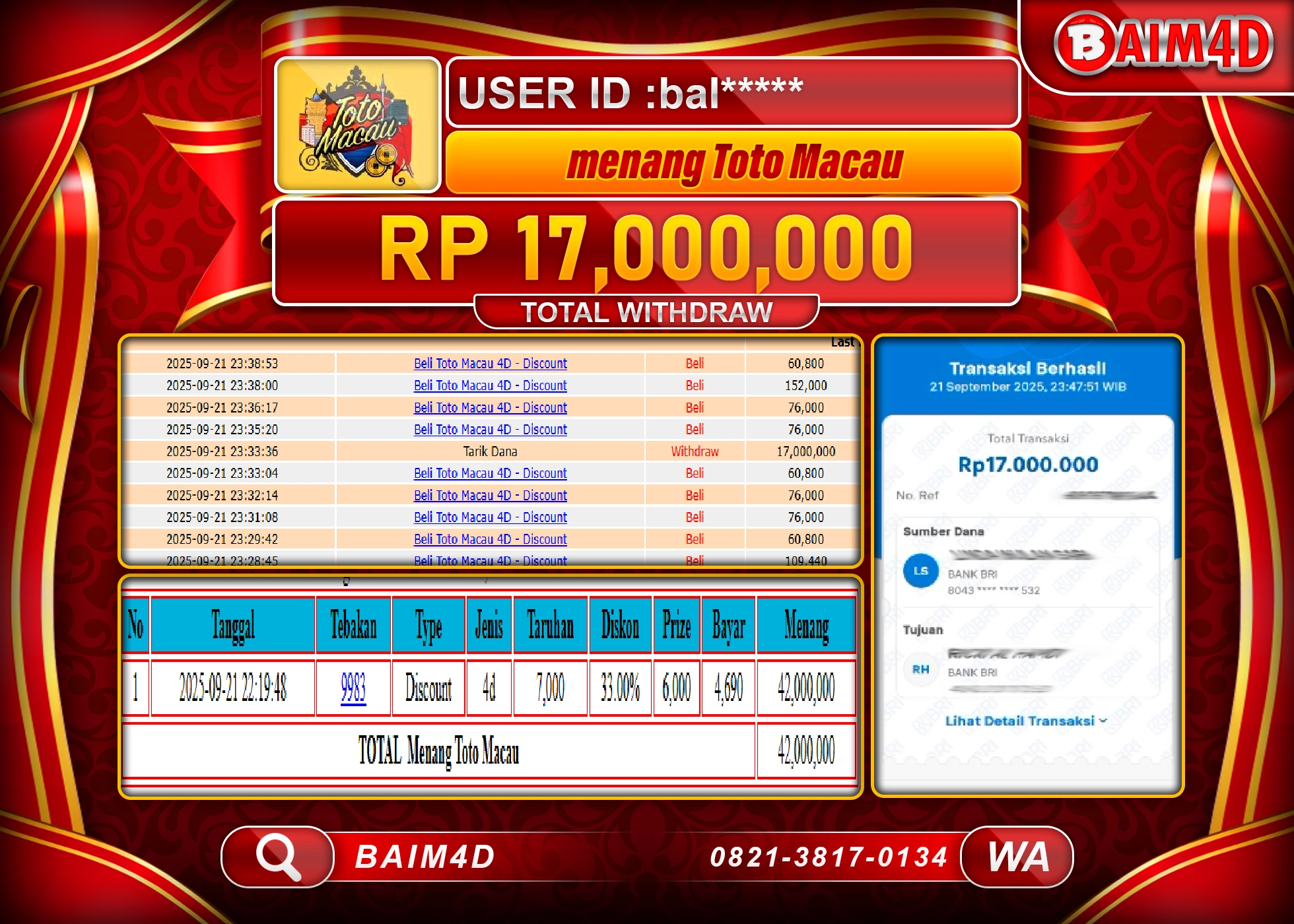BAIM4D JACKPOT TOGEL TOTO MACAU 4D Rp.17,000,000.- LUNAS