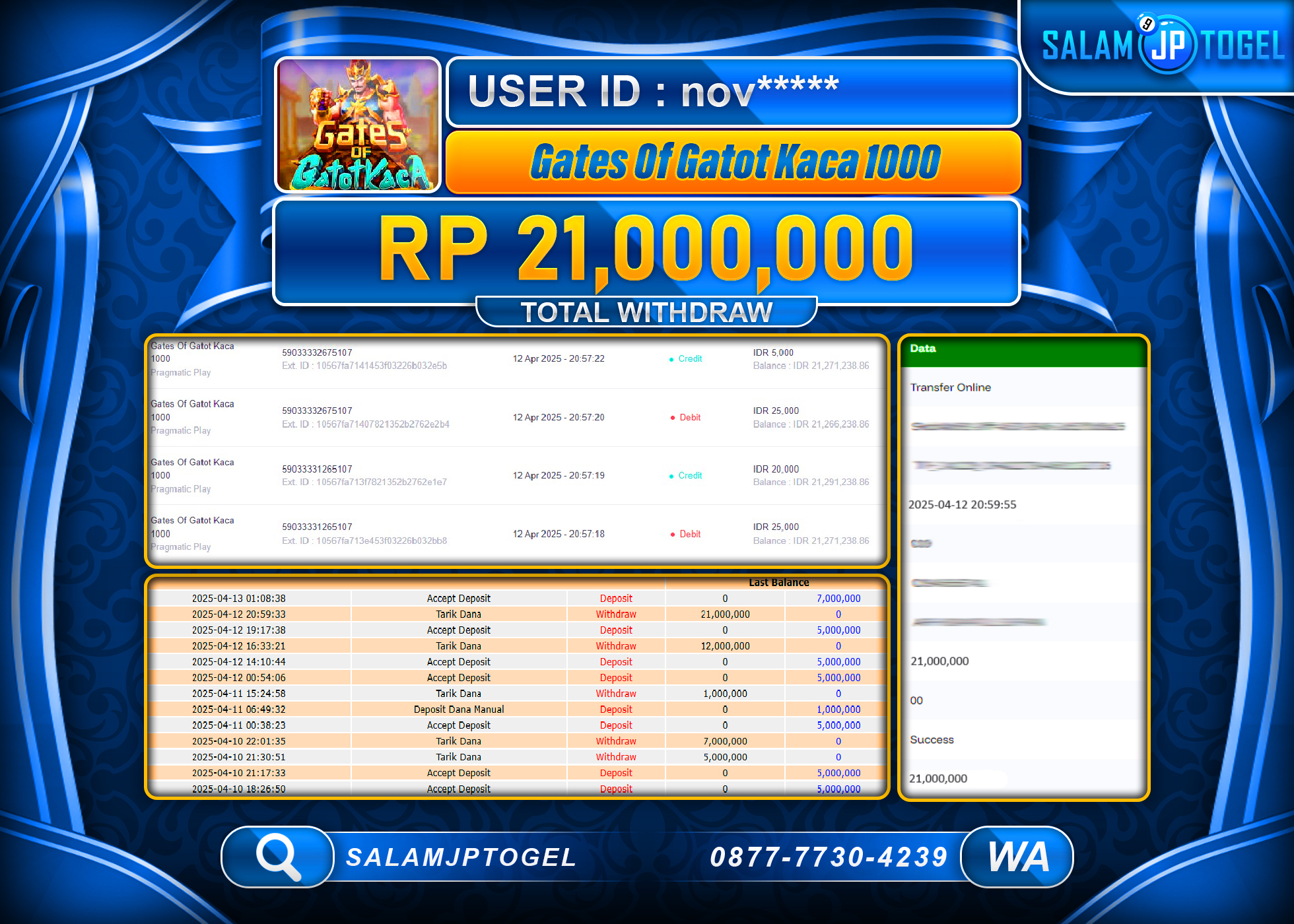 SALAMJPTOGEL MENANG GATES OF GATOT KACA 1000 Rp. 21,000,000 LUNAS