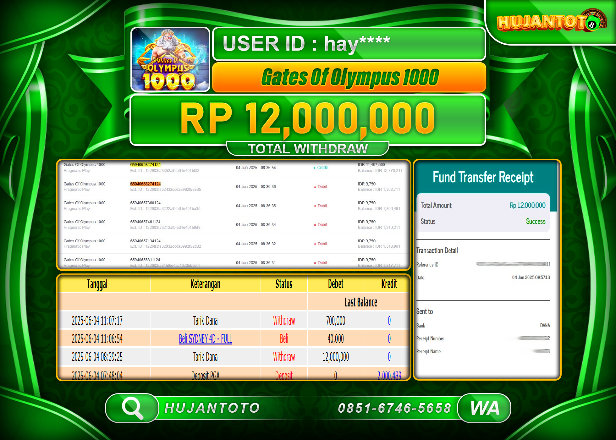 HUJANTOTO - BUKTI JACKPOT MENANG SLOT GATES OF OLYMPUS 1000 Rp.12,000,000 - TERBAYAR LUNAS