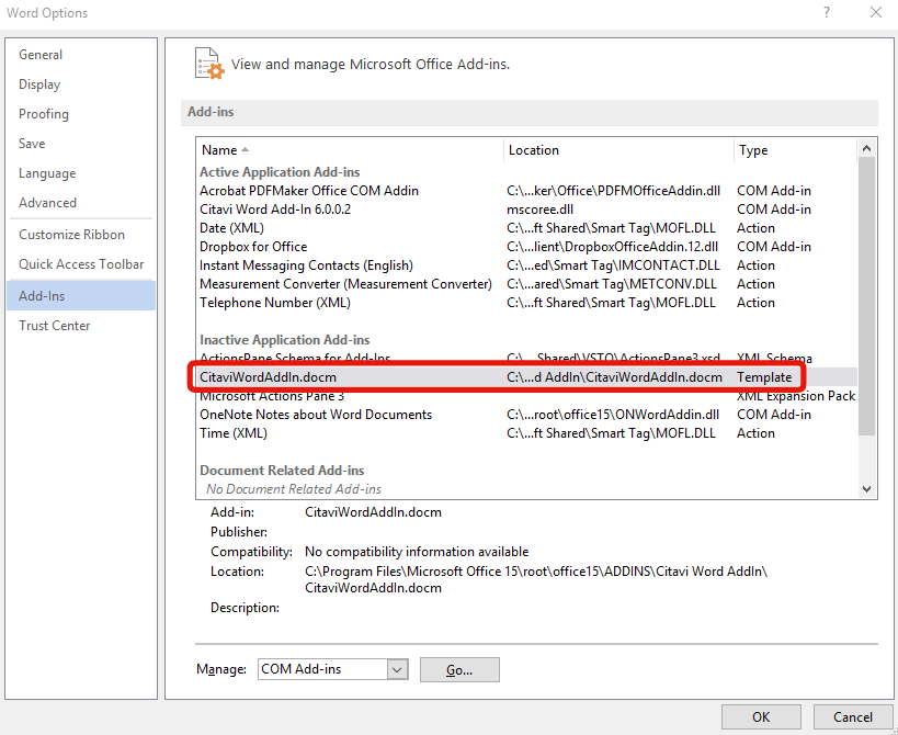 Excel document actions panel