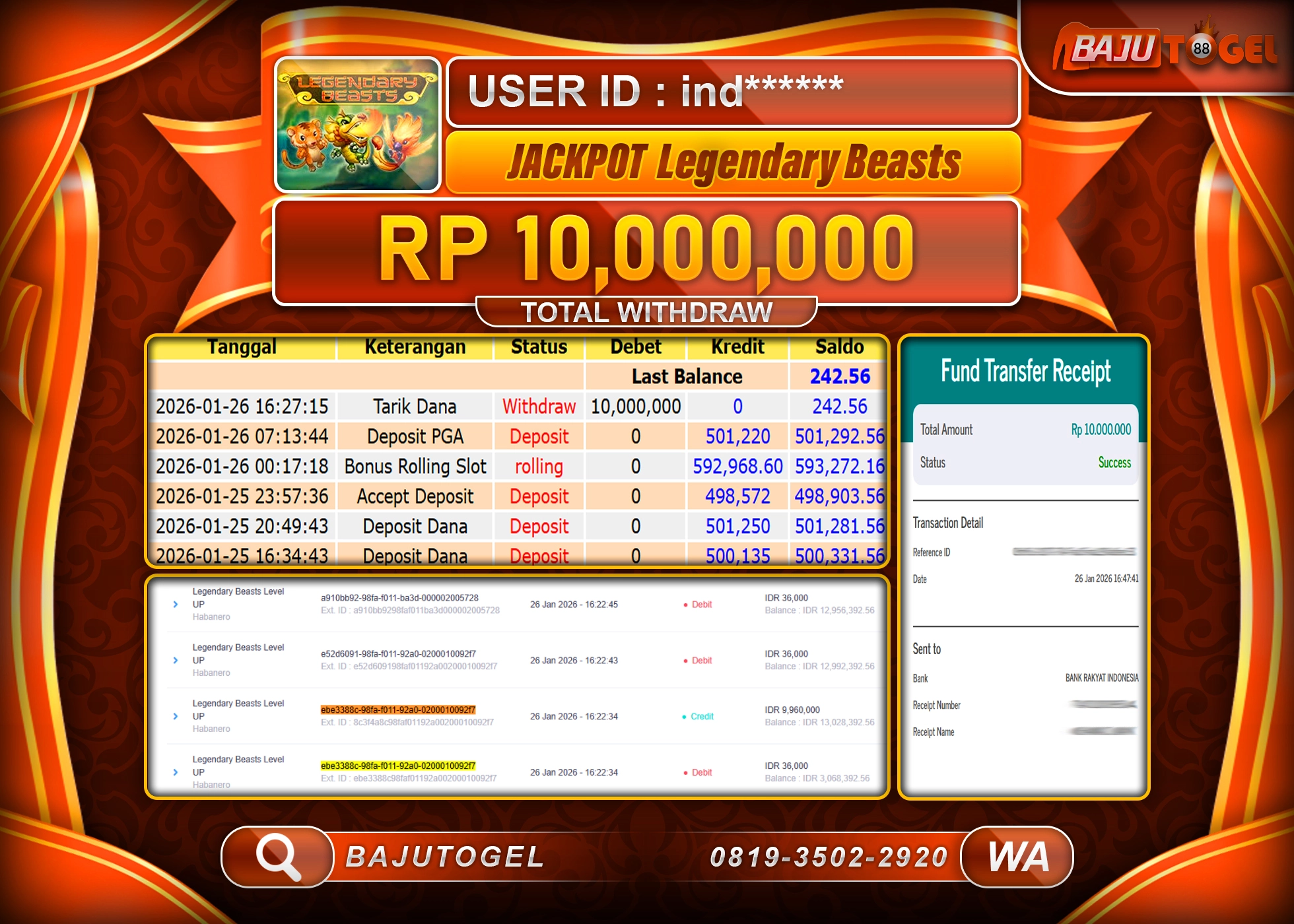 BAJUTOGEL KEMENANGAN JACKPOT DI SLOT HABANERO LEGENDARY BEASTS Rp.10,000,000 LUNAS