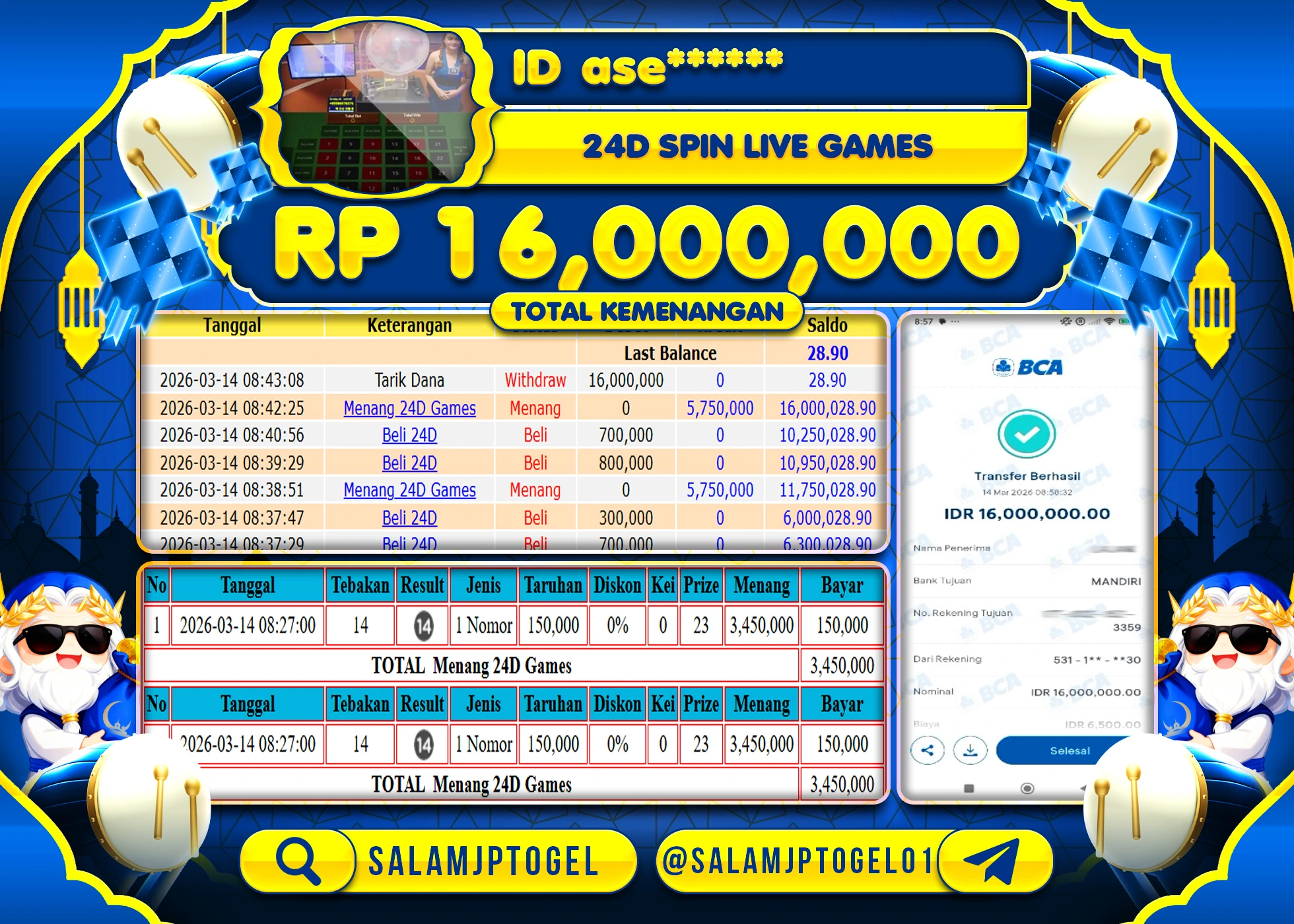 SALAMJPTOGEL JACKPOT Menang 24D Games (Livegame) Rp.16,000,000 - LUNAS