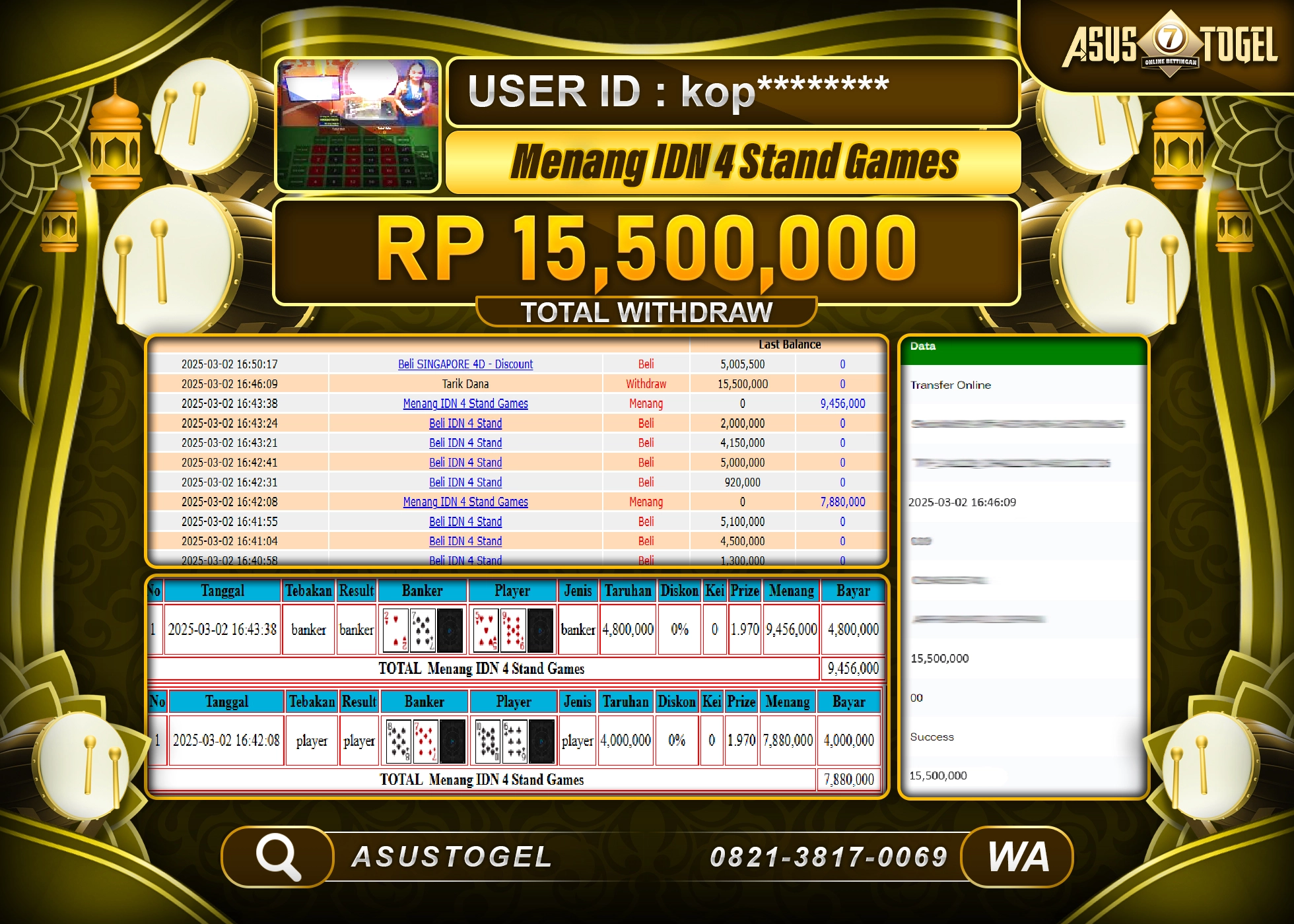 ASUSTOGEL KEMENANGAN DI IDN 4 STAND GAMES SEBESAR 15,500,000  - RUPIAH LUNAS