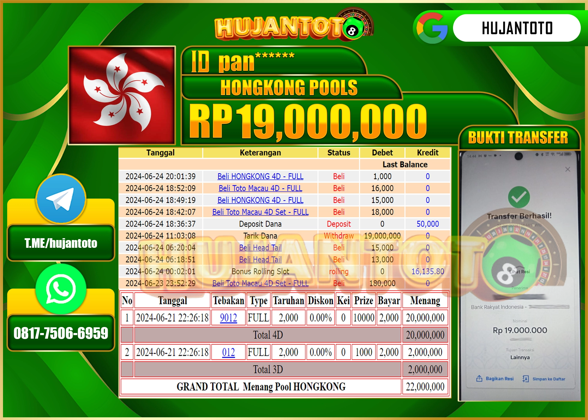 HUJANTOTO MENANG TOGEL HONGKONG POOLS WD 19.000,000 - LUNAS 
