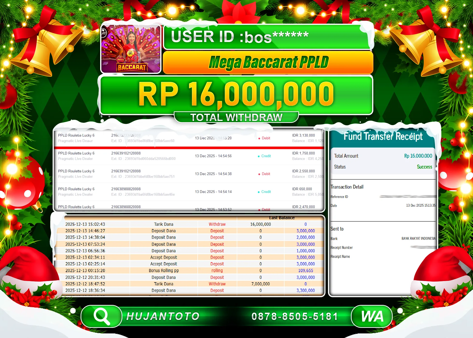 HUJANTOTO - BUKTI JACKPOT MENANG LIVE GAME MEGA BACCARAT PPLD Rp.16,000,000 - TERBAYAR LUNAS