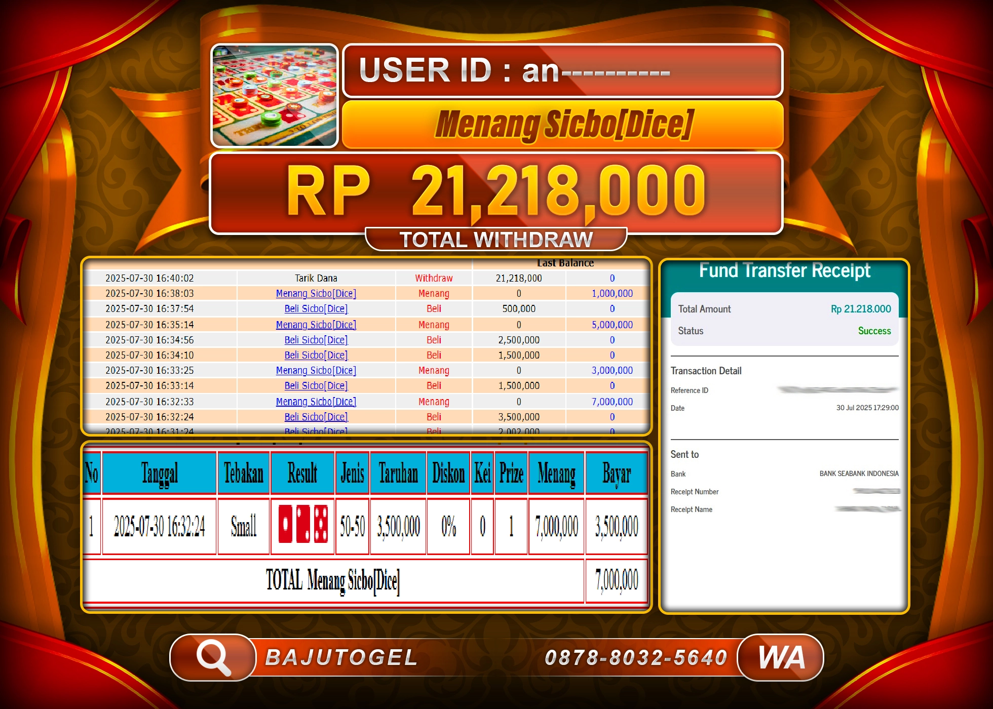 BAJUTOGEL KEMENANGAN DI LIVEGAME SICBO DICE Rp.21.218.000 LUNAS