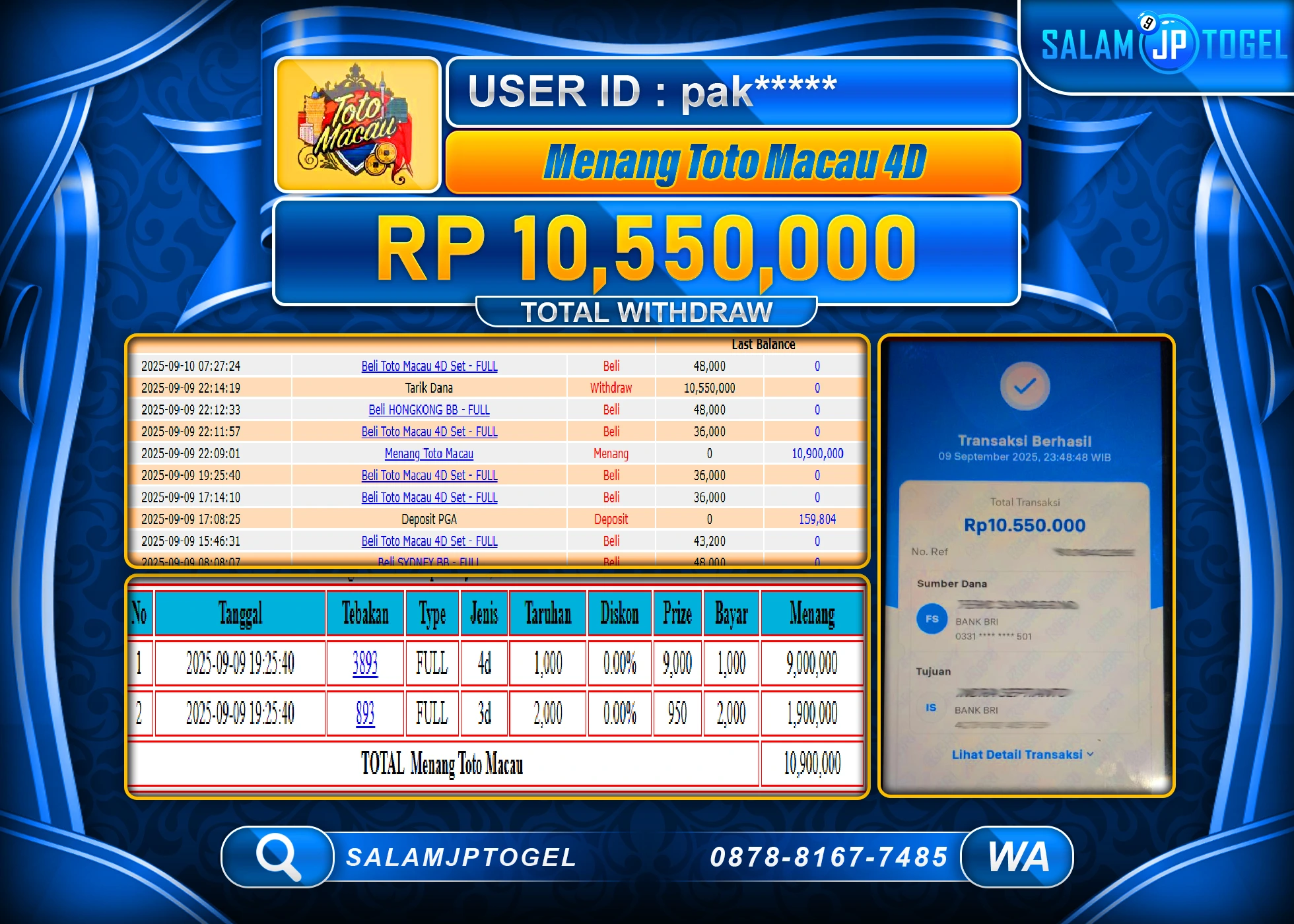 SALAMJPTOGEL MENANG TOGEL TOTO MACAU 4D  Rp.10,550,000