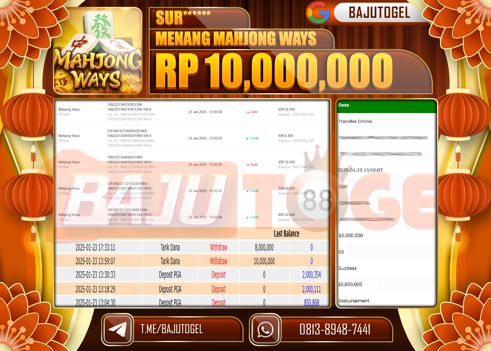 BAJUTOGEL KEMENANGAN MAHJONG WAYS Rp.10.000.000 LUNAS