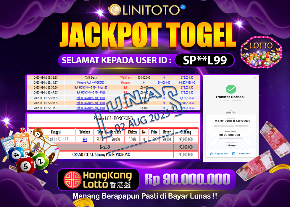 LINITOTO JACKPOT TOGEL HONGKONG LATTO Rp.90.000.000,- LUNAS