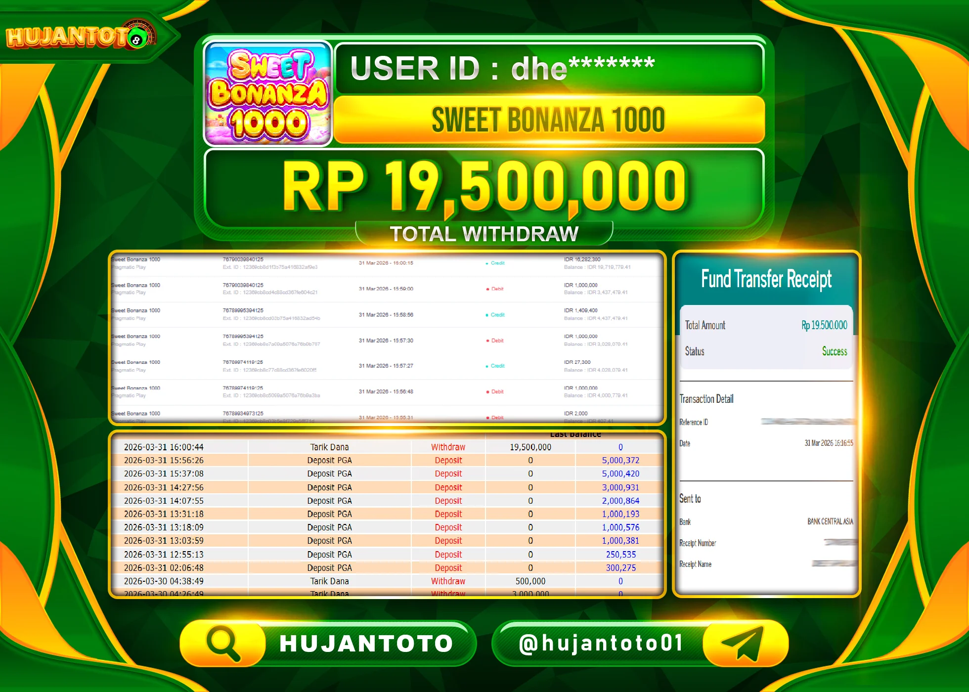 HUJANTOTO - BUKTI JACKPOT MENANG SLOT SWEET BONANZA 1000 Rp.19,500,000 - TERBAYAR LUNAS