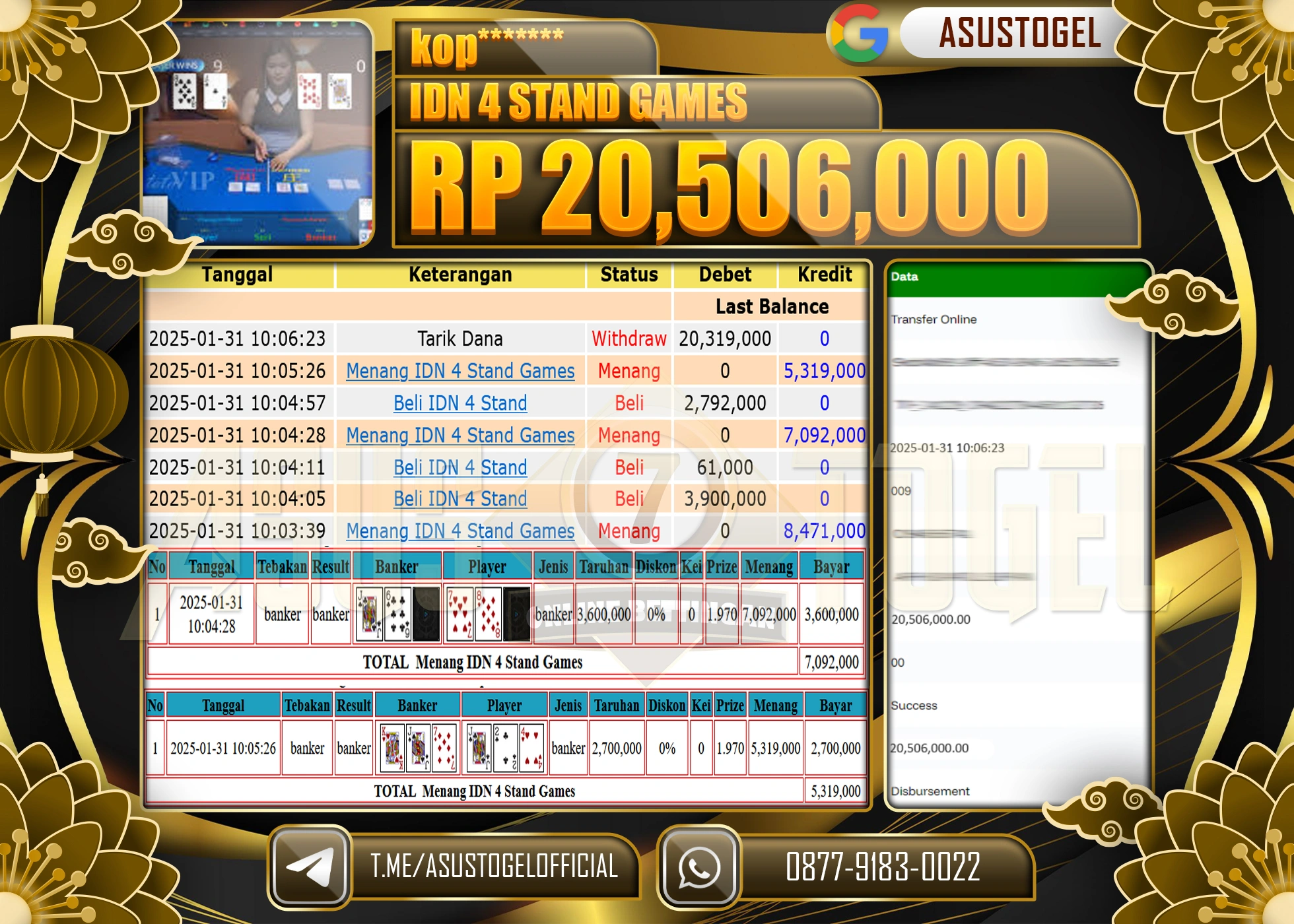 ASUSTOGEL KEMENANGAN DI IDN 4 STAND GAMES SEBESAR 20.506.000 - RUPIAH LUNAS