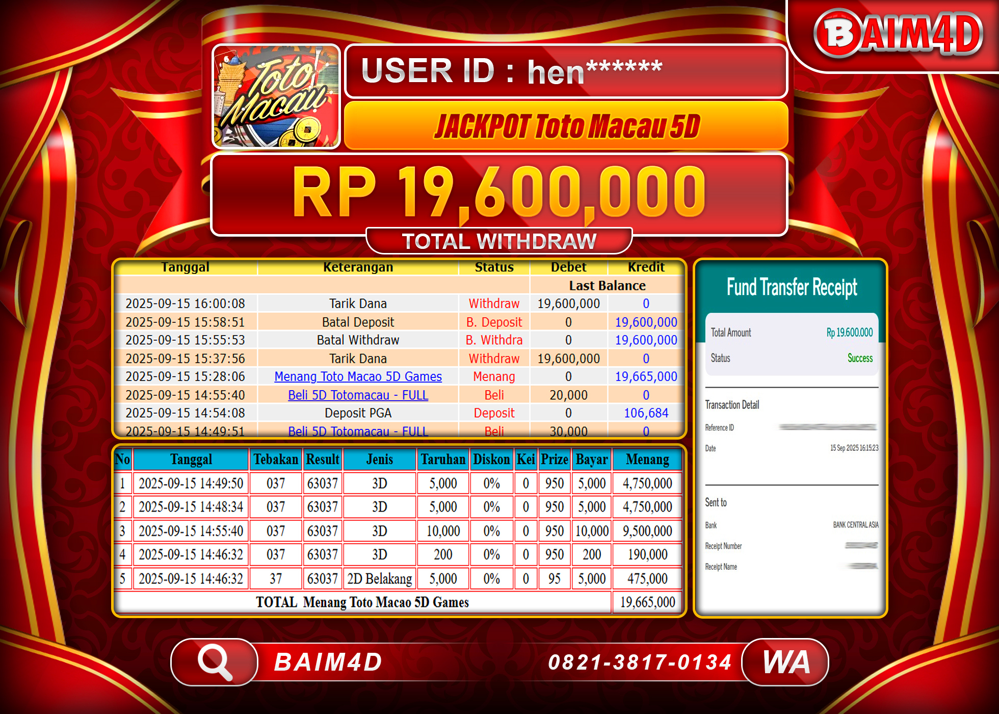 BAIM4D JACKPOT TOGEL TOTO MACAU 4D Rp.19,600,000.- LUNAS