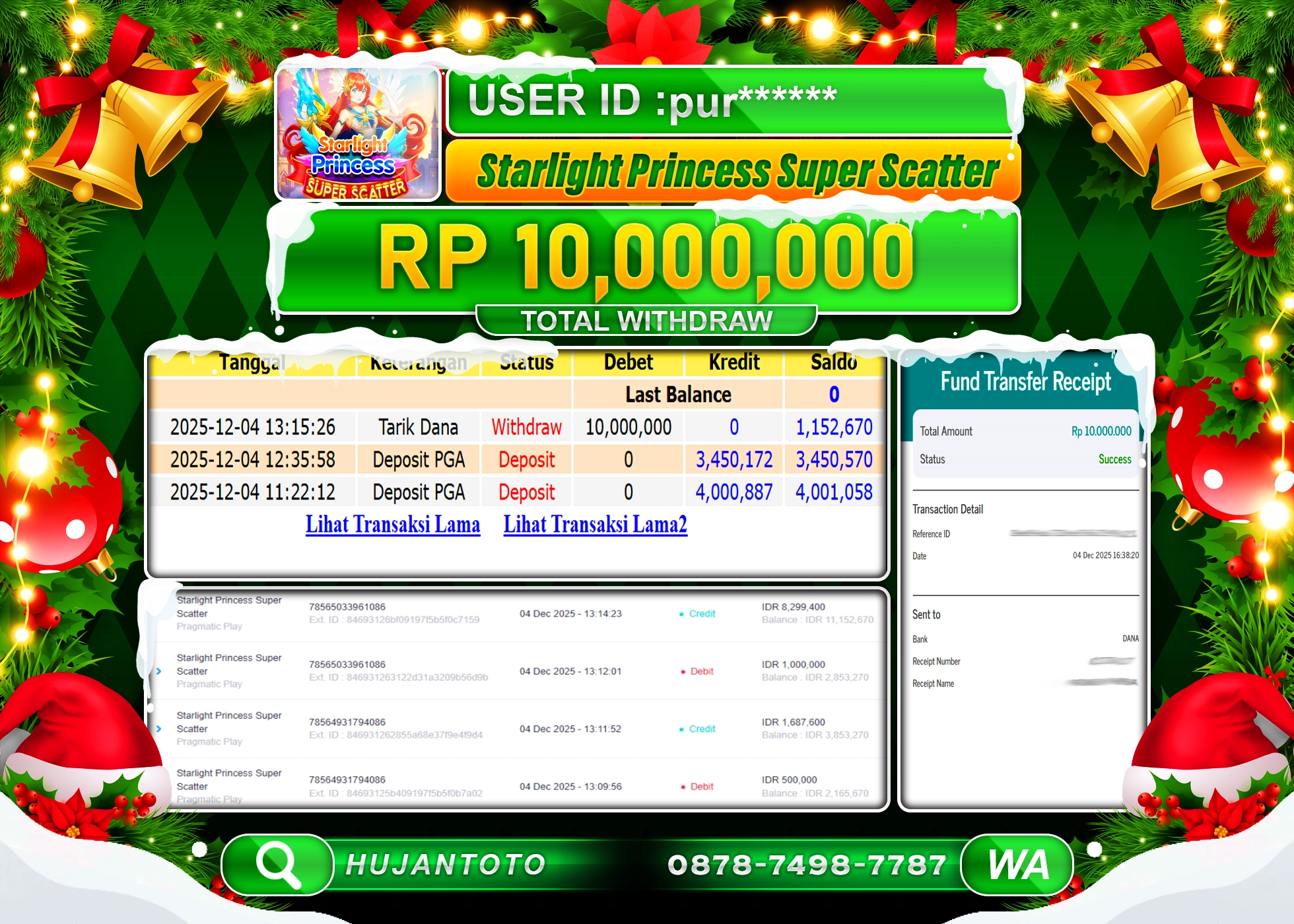 HUJANTOTO - BUKTI JACKPOT MENANG STARLIGHT PRINCESS SUPER SCATTER Rp.10,000,000 - TERBAYAR LUNAS