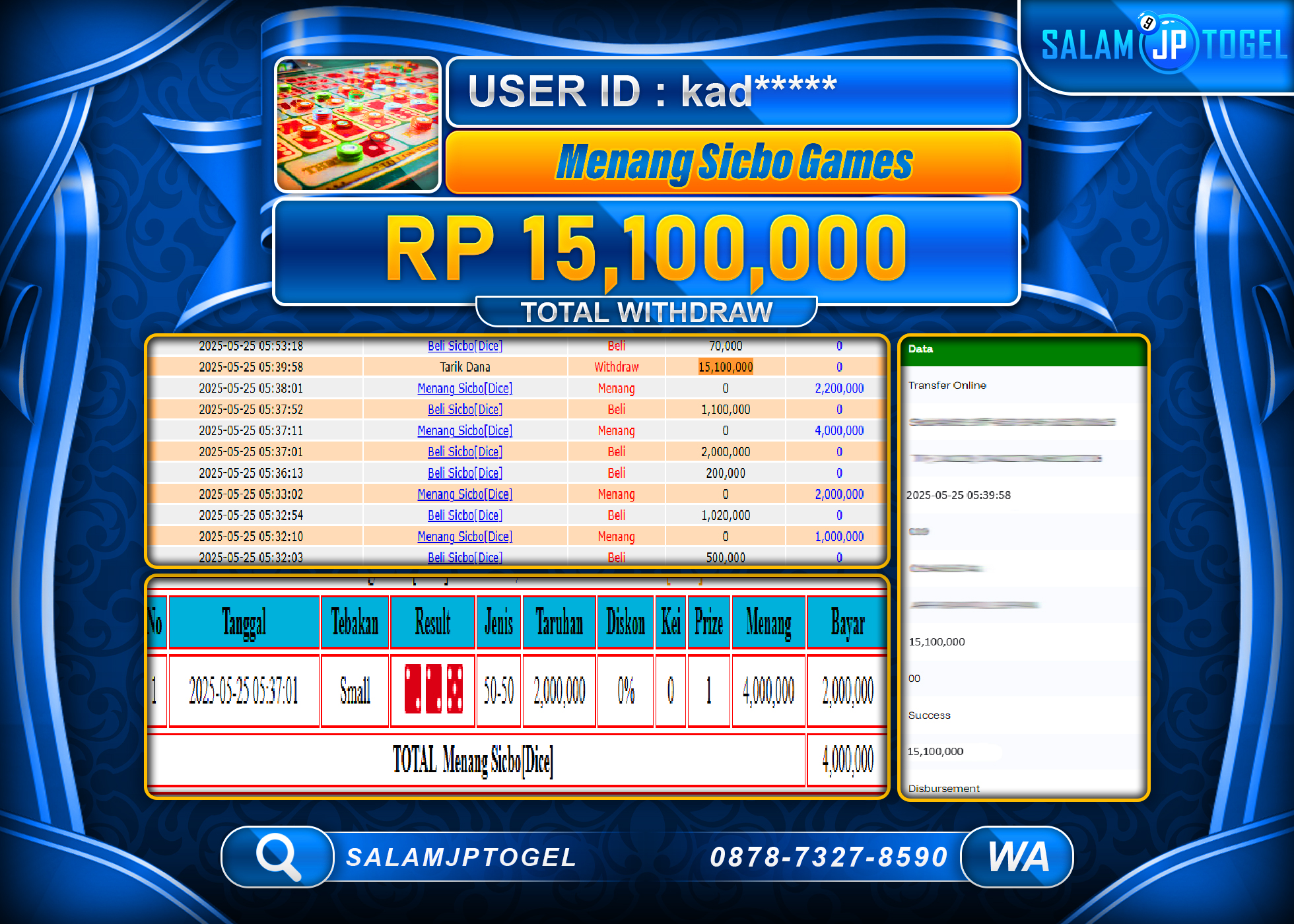 SALAMJPTOGEL MENANG SICBO GAMES Rp.15,100,000 LUNAS
