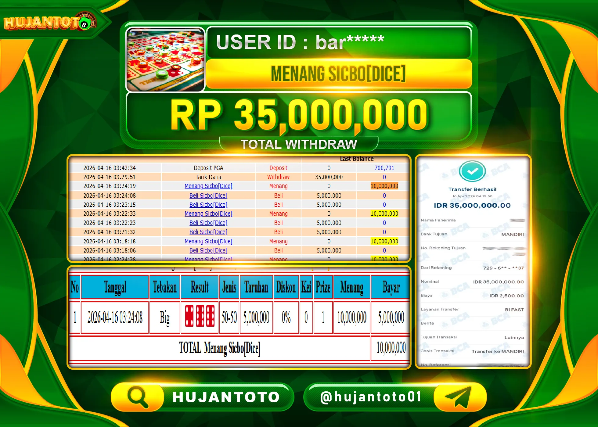 HUJANTOTO - BUKTI JACKPOT MENANG LIVEGAME SICBO DICE Rp.35,000,000 - TERBAYAR LUNAS