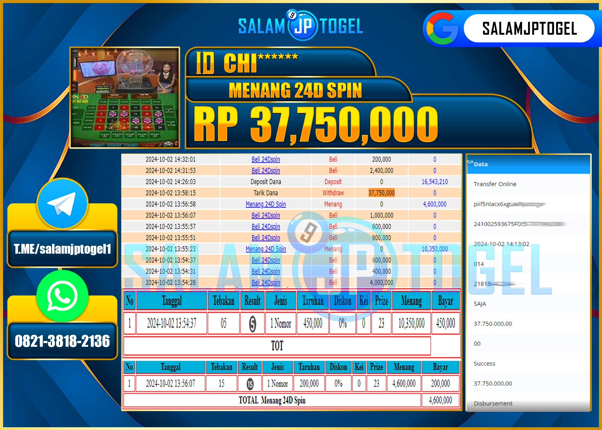 SALAMJPTOGEL MENANG LIVE 24D Spin 2 RP. 37,750,000 LUNAS