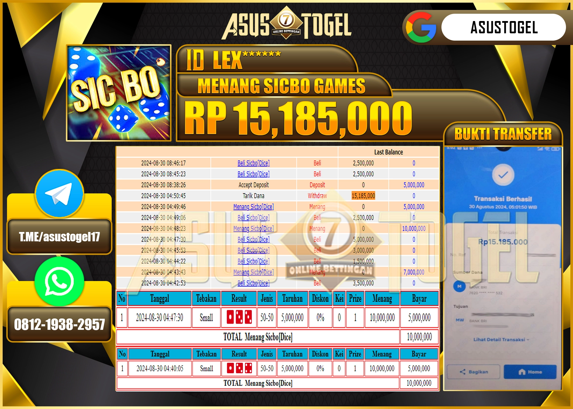 ASUSTOGEL KEMENANGAN DI LIVEGAME SICBO GAMES SEBESAR  15,185,000- RUPIAH LUNAS