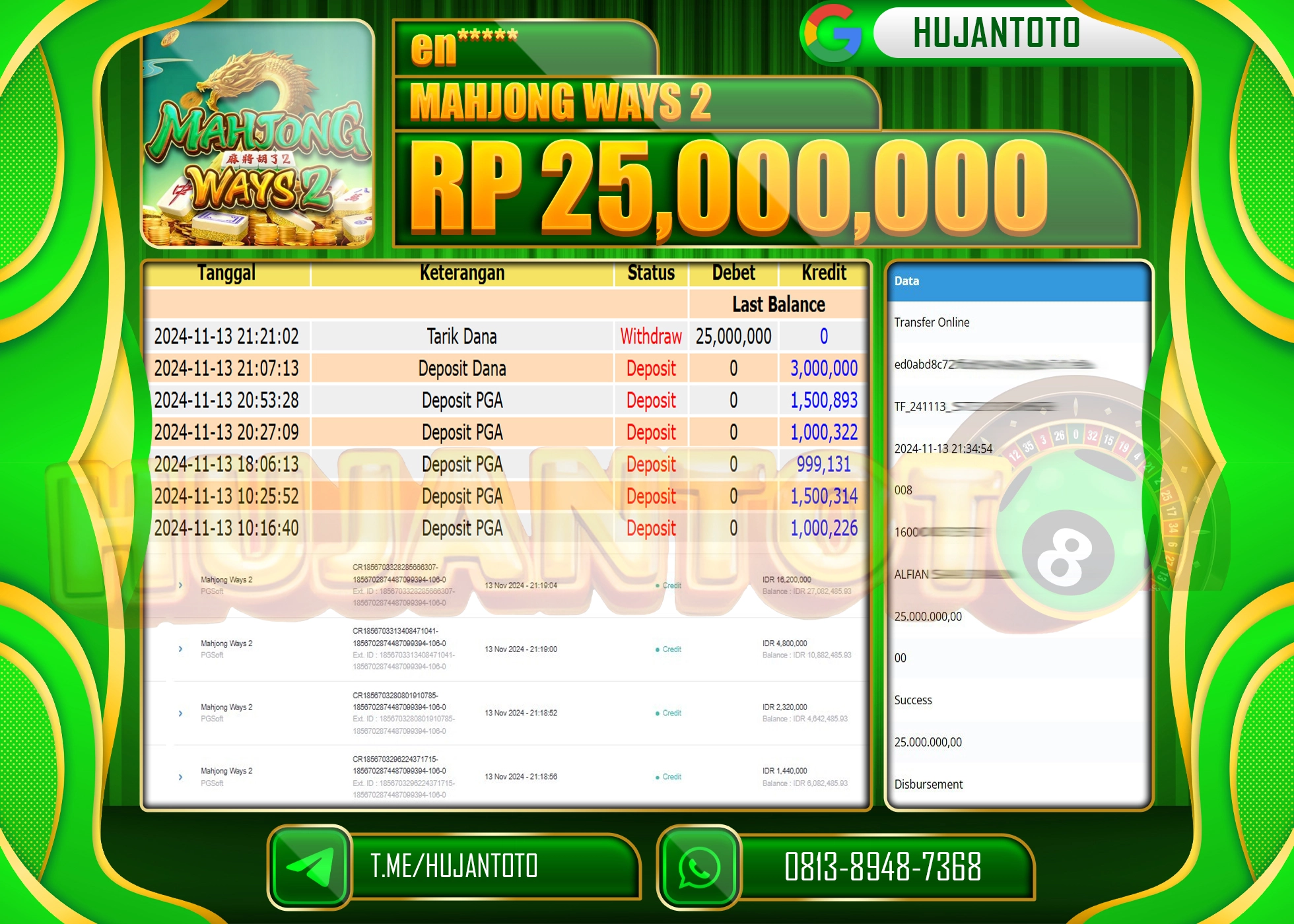 HUJANTOTO MENANG DI RAIH DI PERMAINAN  SLOT MAHJONG WAYS 2- 25,000,000  - LUNAS