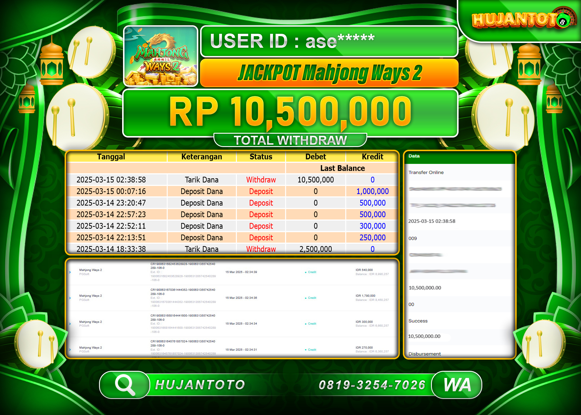 HUJANTOTO - BUKTI JACKPOT MENANG SLOT MAHJONG WAYS 2, Rp,10,500,000 - TERBAYAR LUNAS