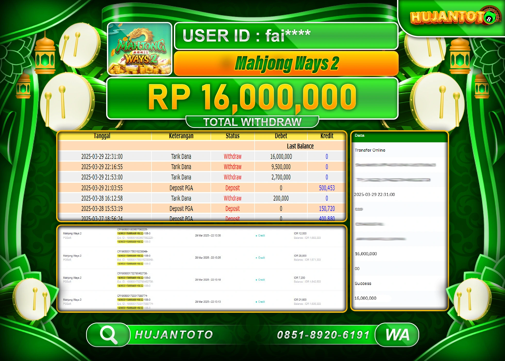 HUJANTOTO - BUKTI JACKPOT MENANG SLOT MAHJONG WAYS 2 Rp,16,000,000 - TERBAYAR LUNAS