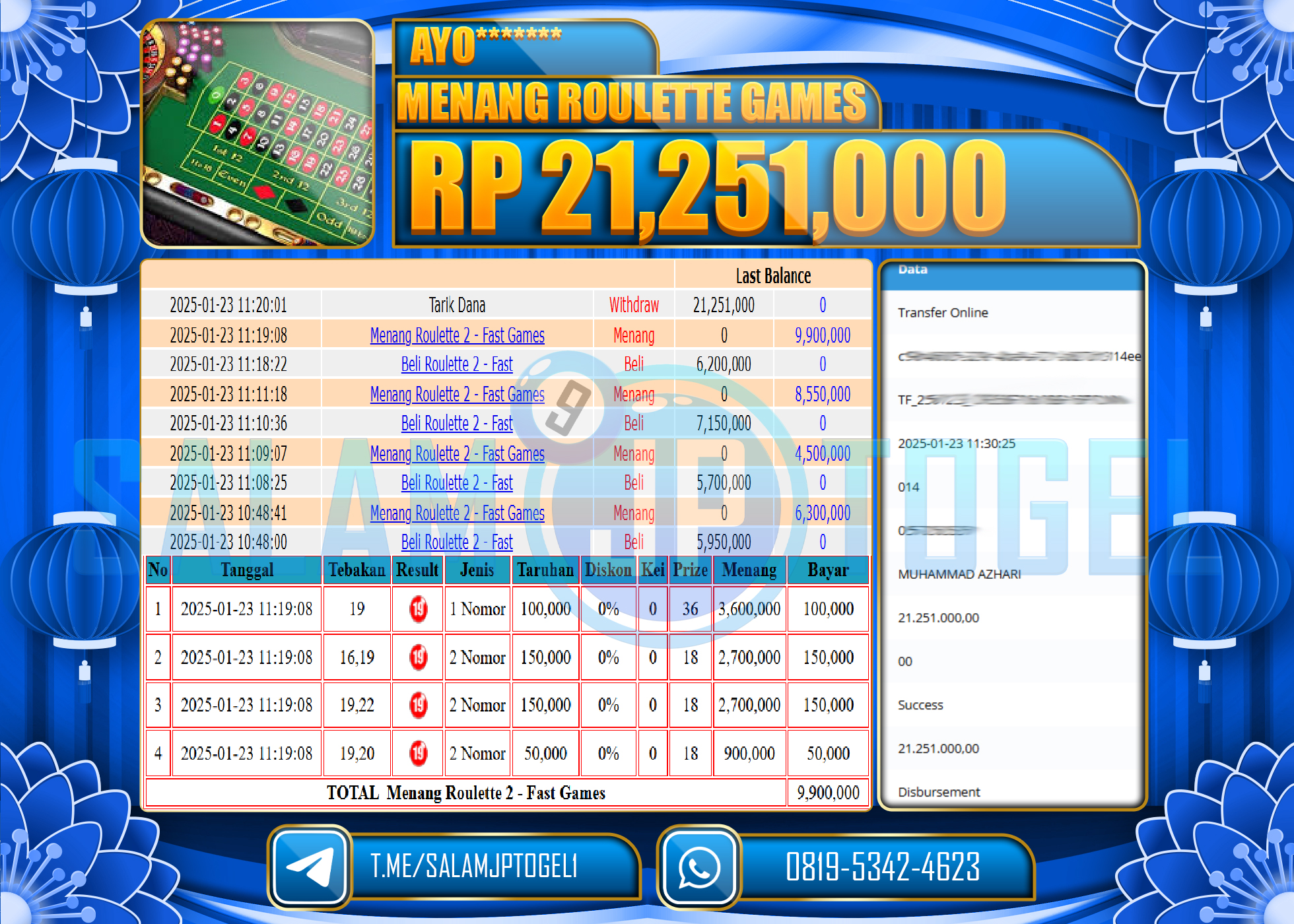 SALAMJPTOGEL MENANG ROULETTE GAMES  Rp.21,251,000 LUNAS