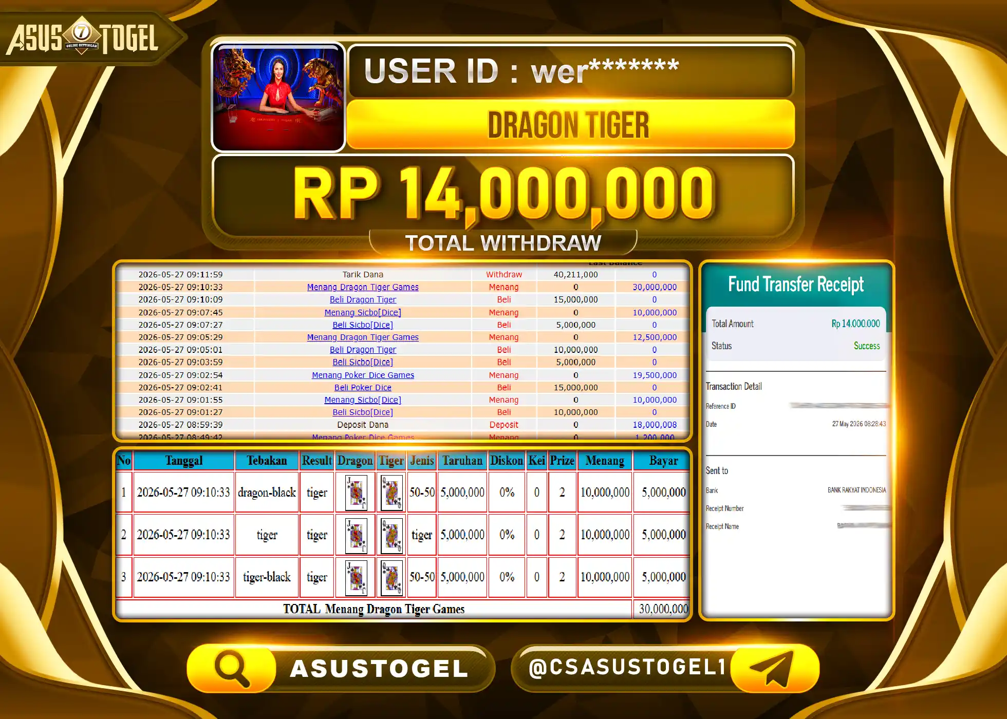 ASUSTOGEL KEMENANGAN JACKPOT PERMAINAN LIVEGAMES DRAGON TIGER Rp.14,000,000 - RUPIAH LUNAS