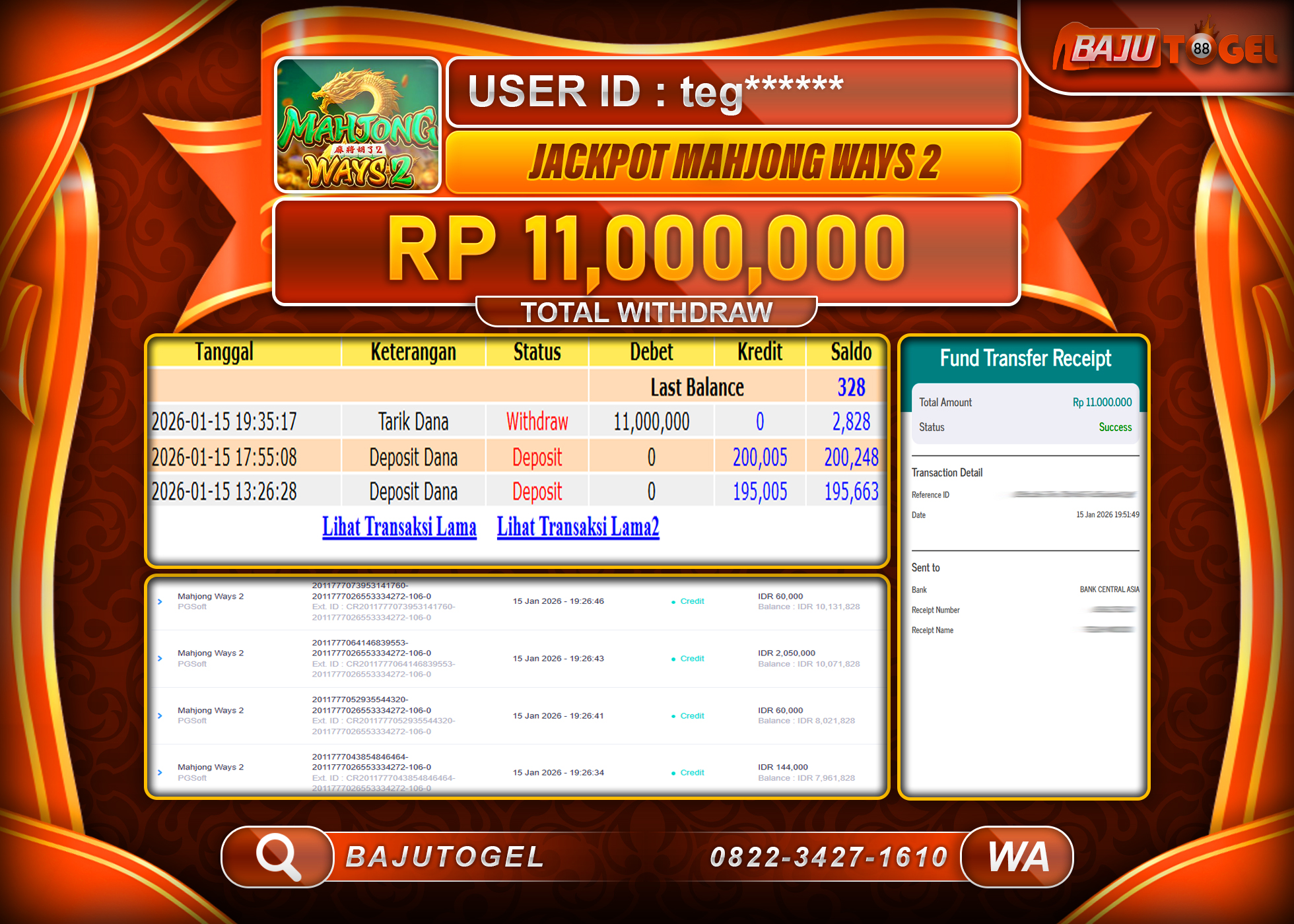 BAJUTOGEL KEMENANGAN DI SLOT MAHJONG WAYS 2 PG SOFT Rp.11,000,000 LUNAS