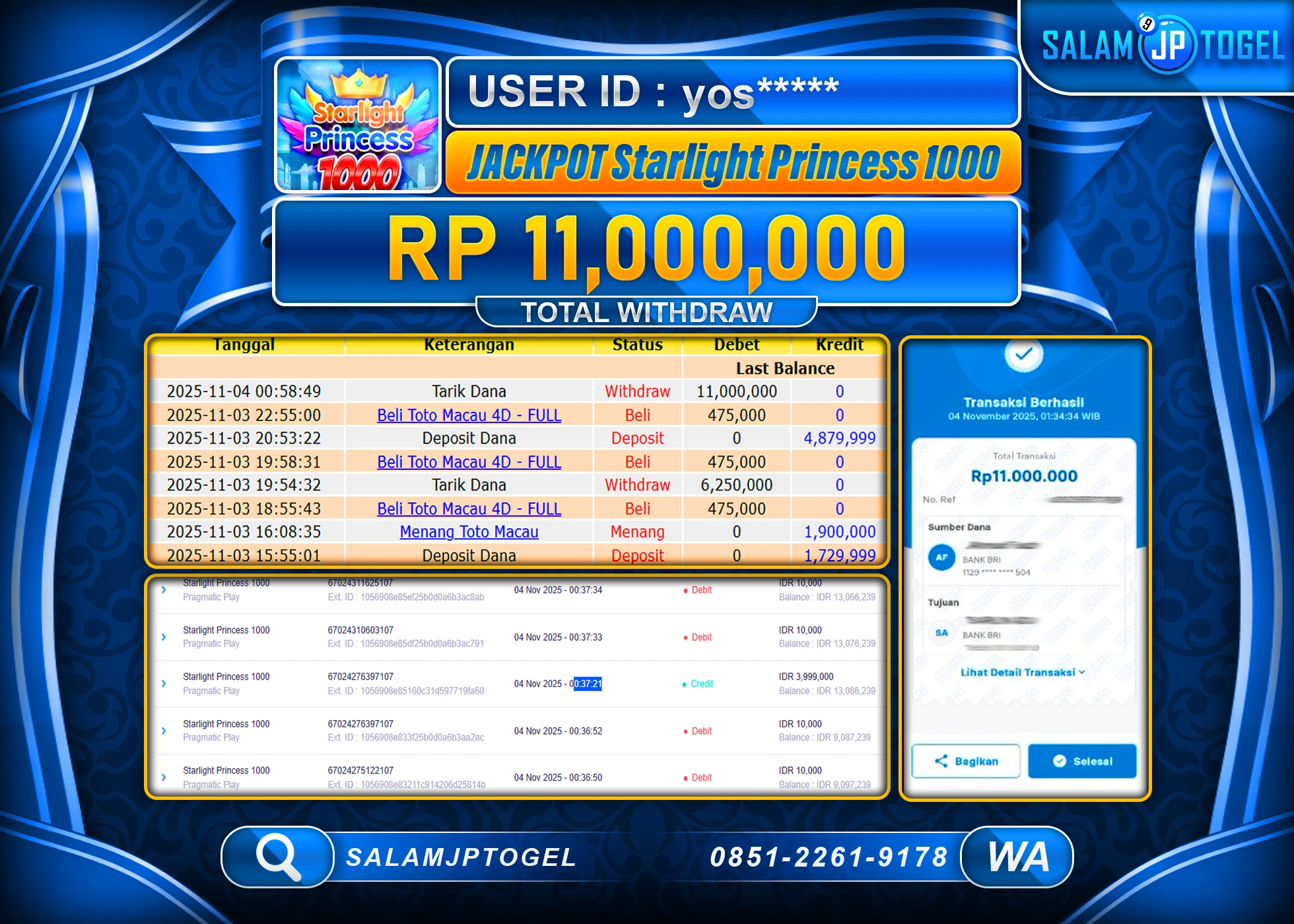 SALAMJPTOGEL  MENANG STARLIGHT PRINCESS 1000 Rp.11,000,000  - LUNAS