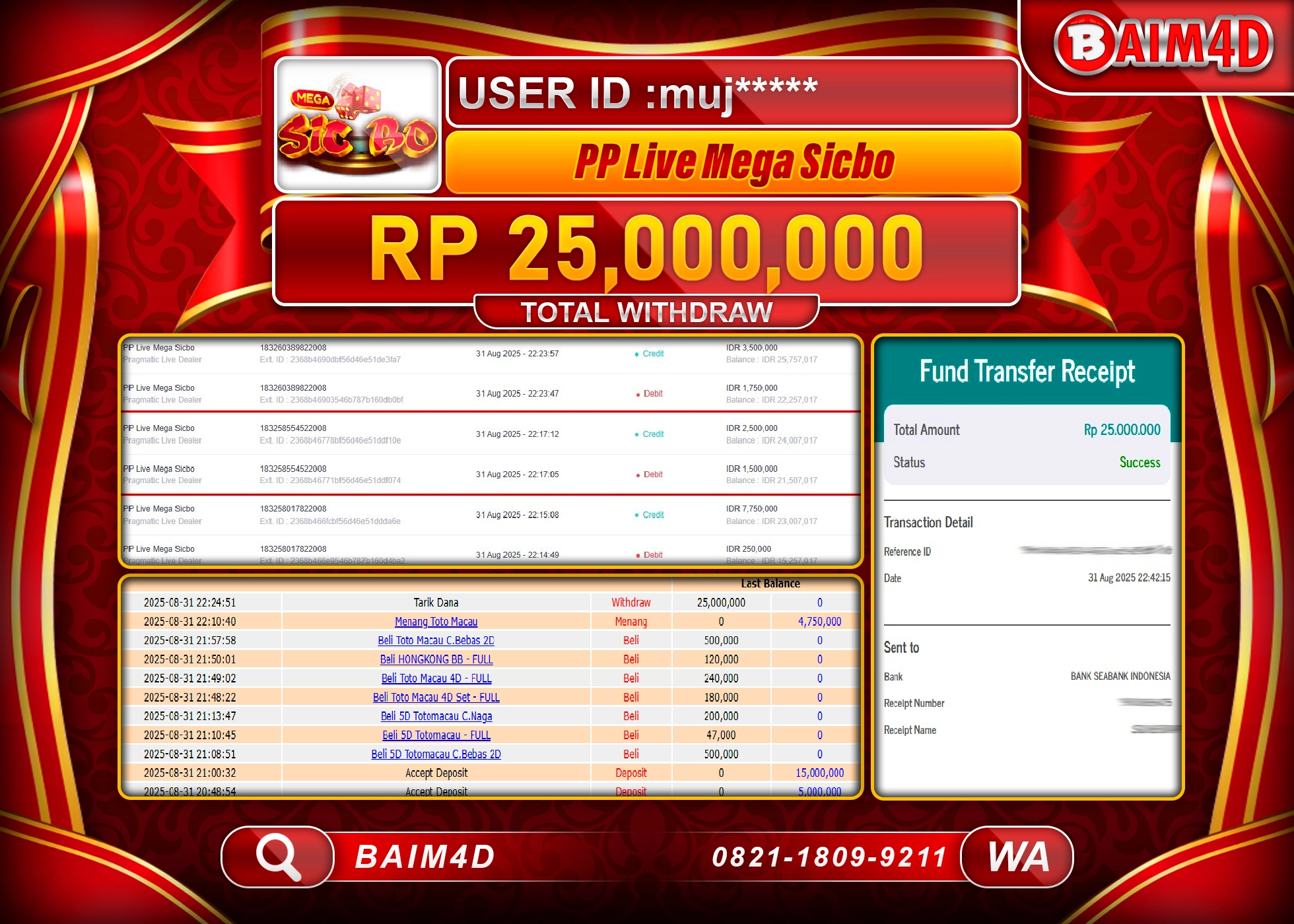 BAIM4D JACKPOT MENANG PP LIVE MEGA SICBO Rp.25,000,000.- LUNAS