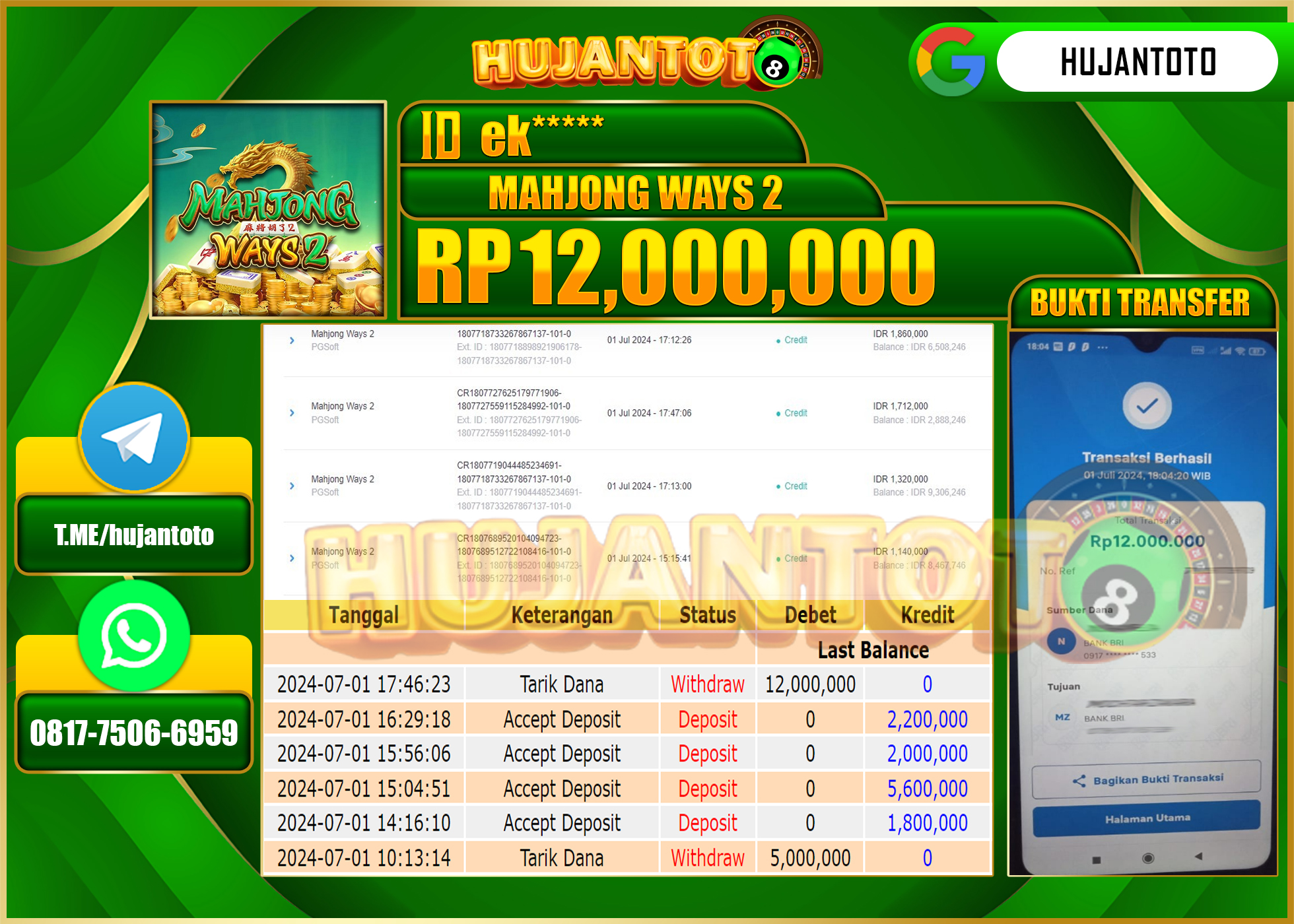 HUJANTOTO MENANG SLOT MAHJONG WAYS 2  12.000.000 - LUNAS 