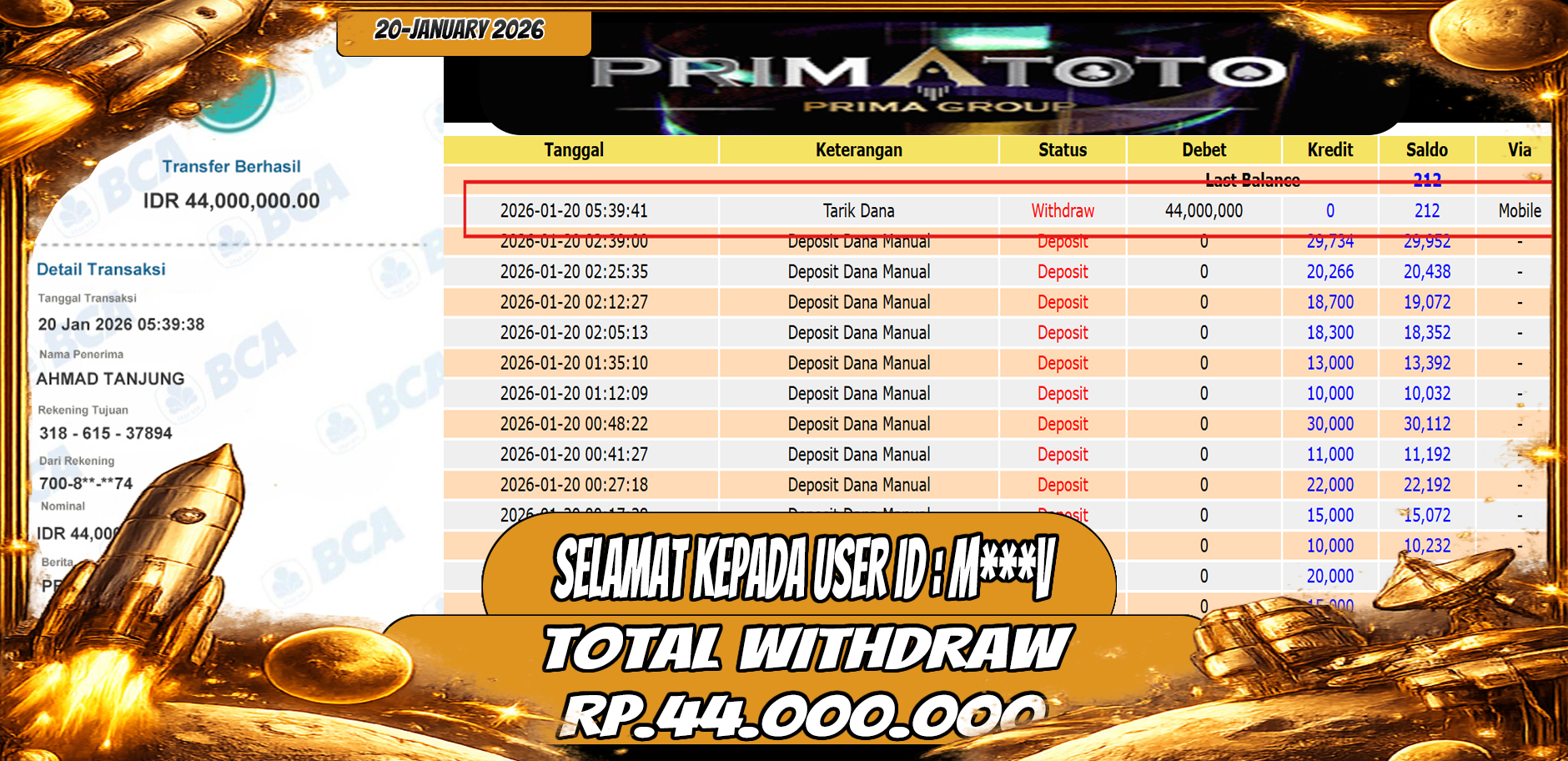 PRIMATOTO-JACKPOT SLOT GAME GATES OF OLYMPUS 1000 HINGGA 44 JUTA, 20 JANUARI 2026