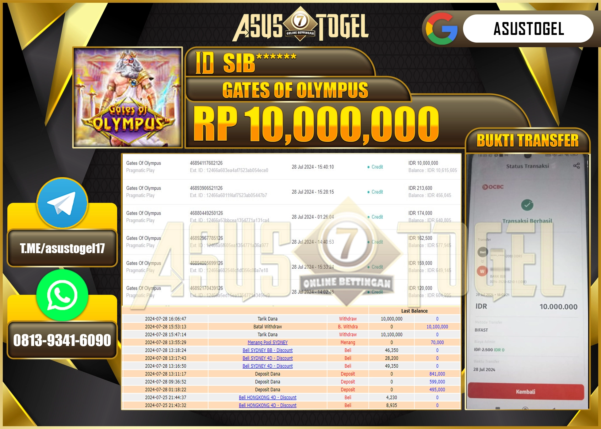 ASUSTOGEL KEMENANGAN DI GATES OF OLYMPUS SEBESAR 10,000,000- RUPIAH LUNAS