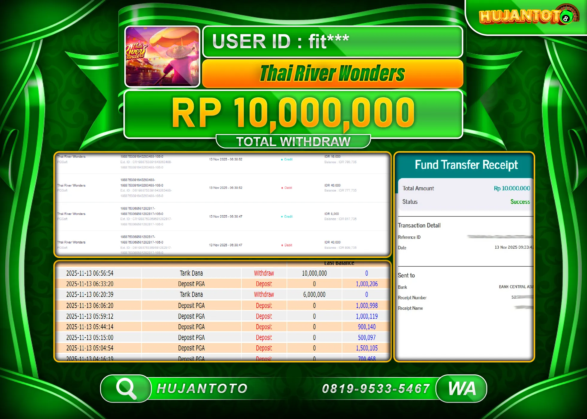HUJANTOTO - BUKTI JACKPOT MENANG SLOT THAI RIVER WONDERS Rp.10,000,000 - TERBAYAR LUNAS