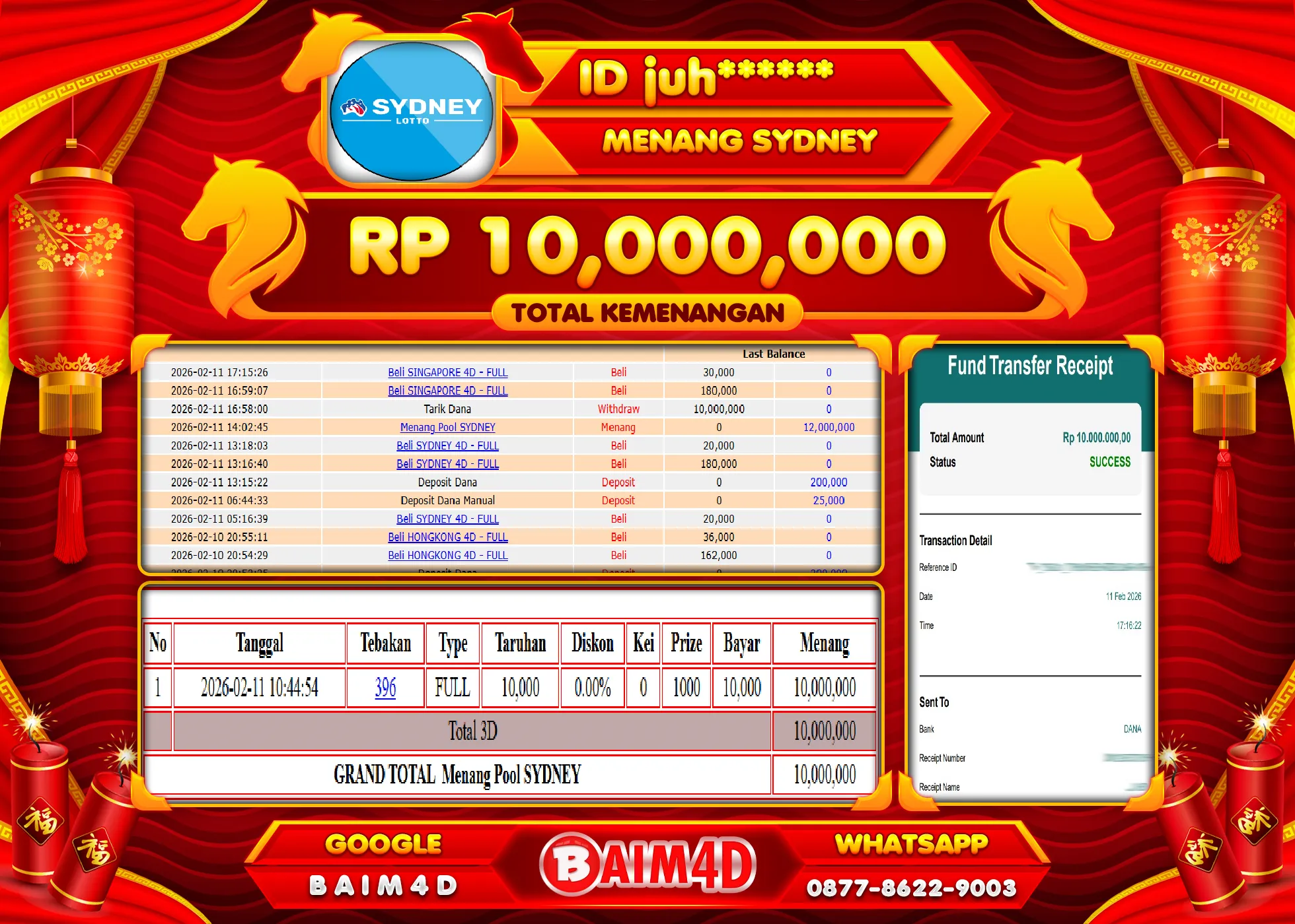 BAIM4D JACKPOT TOGEL SYDNEY  LOTTO Rp.10,000,000 - LUNAS