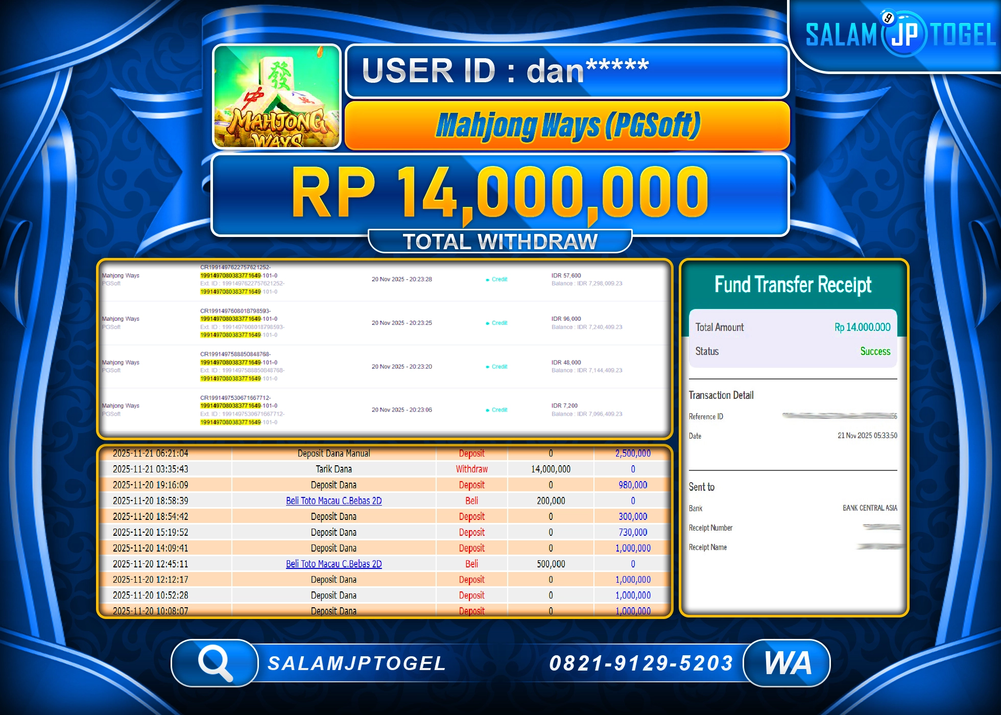 SALAMJPTOGEL MENANG SLOT MAHJONG WAYS Rp.14,000,000  - LUNAS