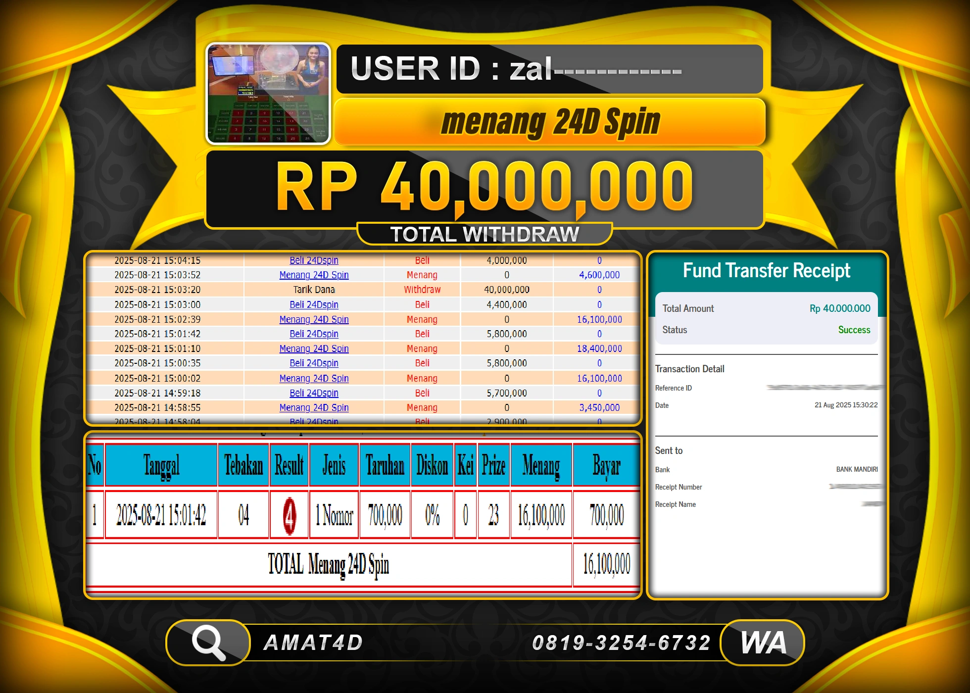 AMAT4D KEMENANGAN DI LIVE GAME 24 D SPIN     Rp.40.000.000 BERHASIL TERBAYAR LUNAS