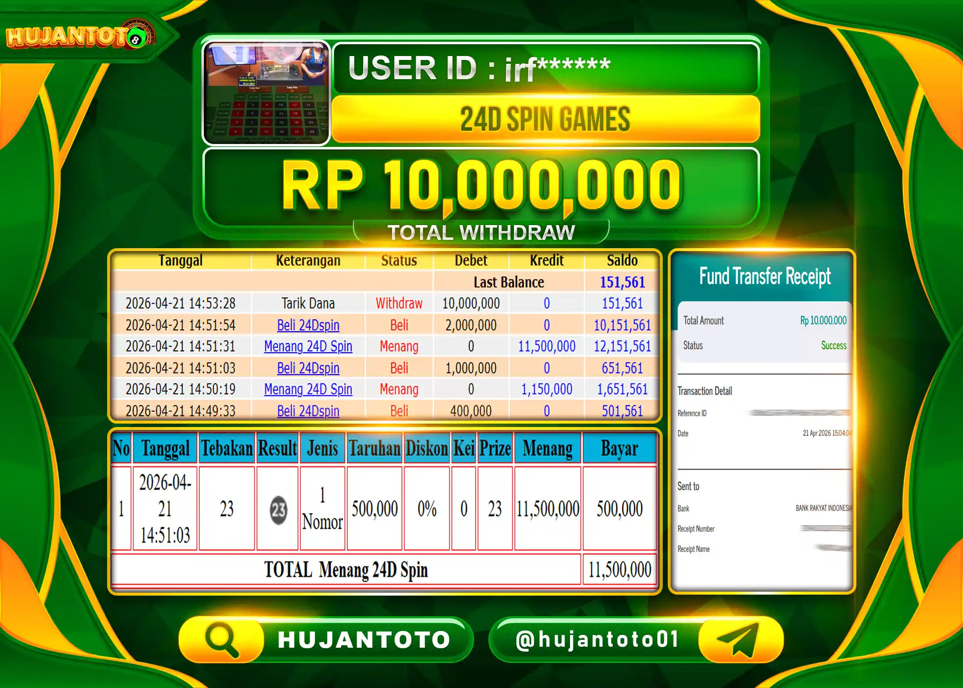HUJANTOTO - BUKTI JACKPOT MENANG LIVEGAME 24D SPIN Rp.10,000,000 - TERBAYAR LUNAS