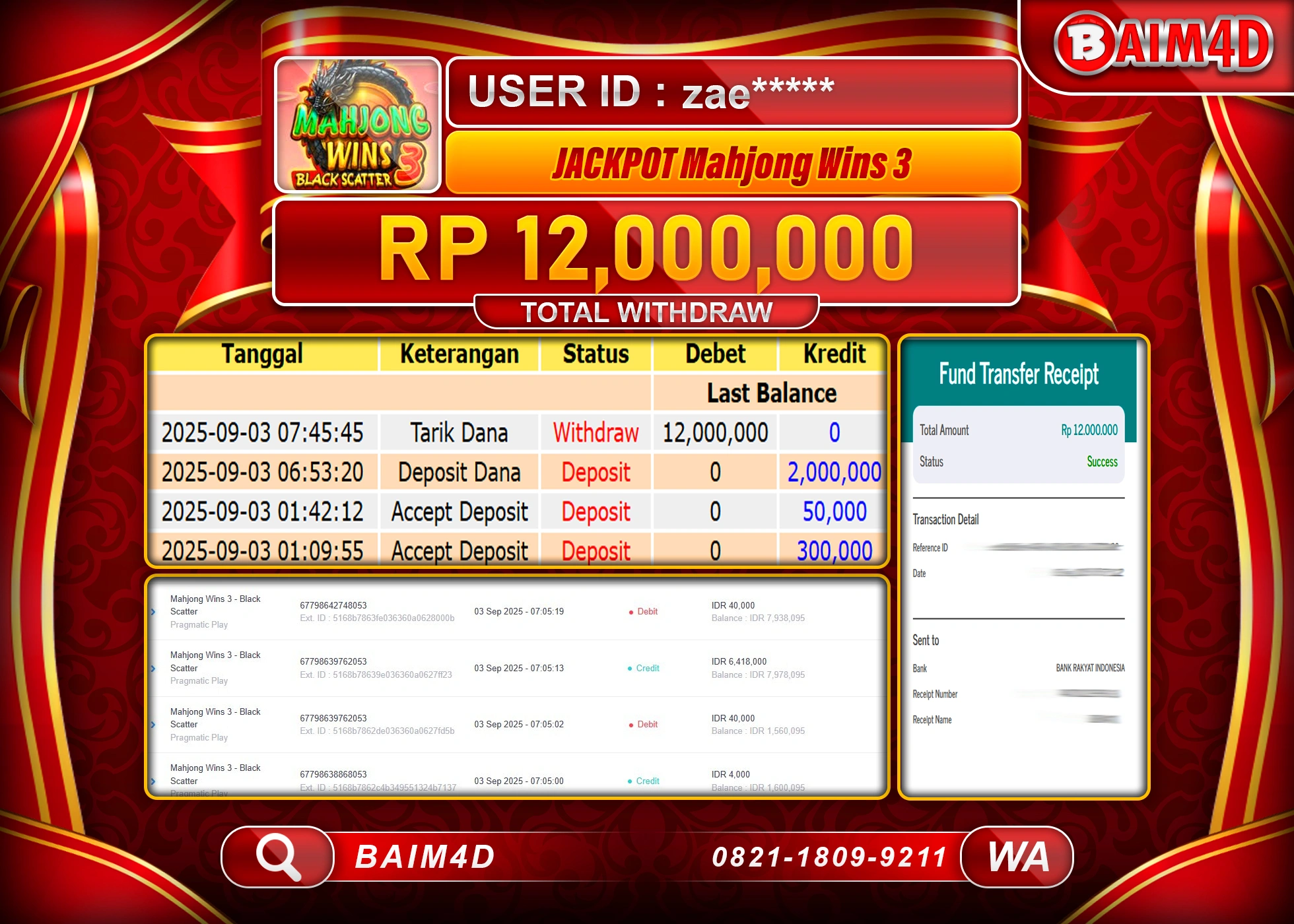 BAIM4D JACKPOT MENANG SLOT MAHYONG WINS 3 Rp.12,000,000.- LUNAS
