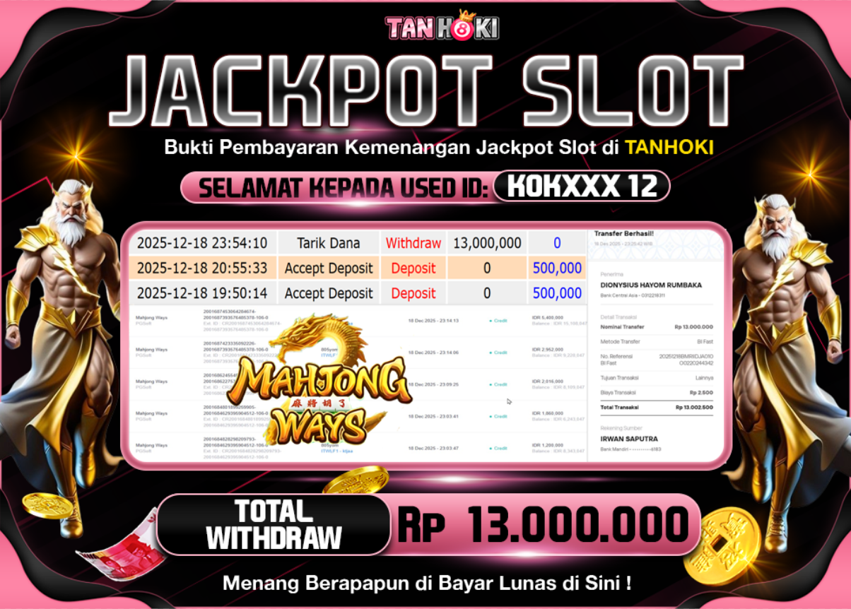 TANHOKI JACKPOT SLOT MAHJONG WAYS Rp..13.000.000,- LUNAS