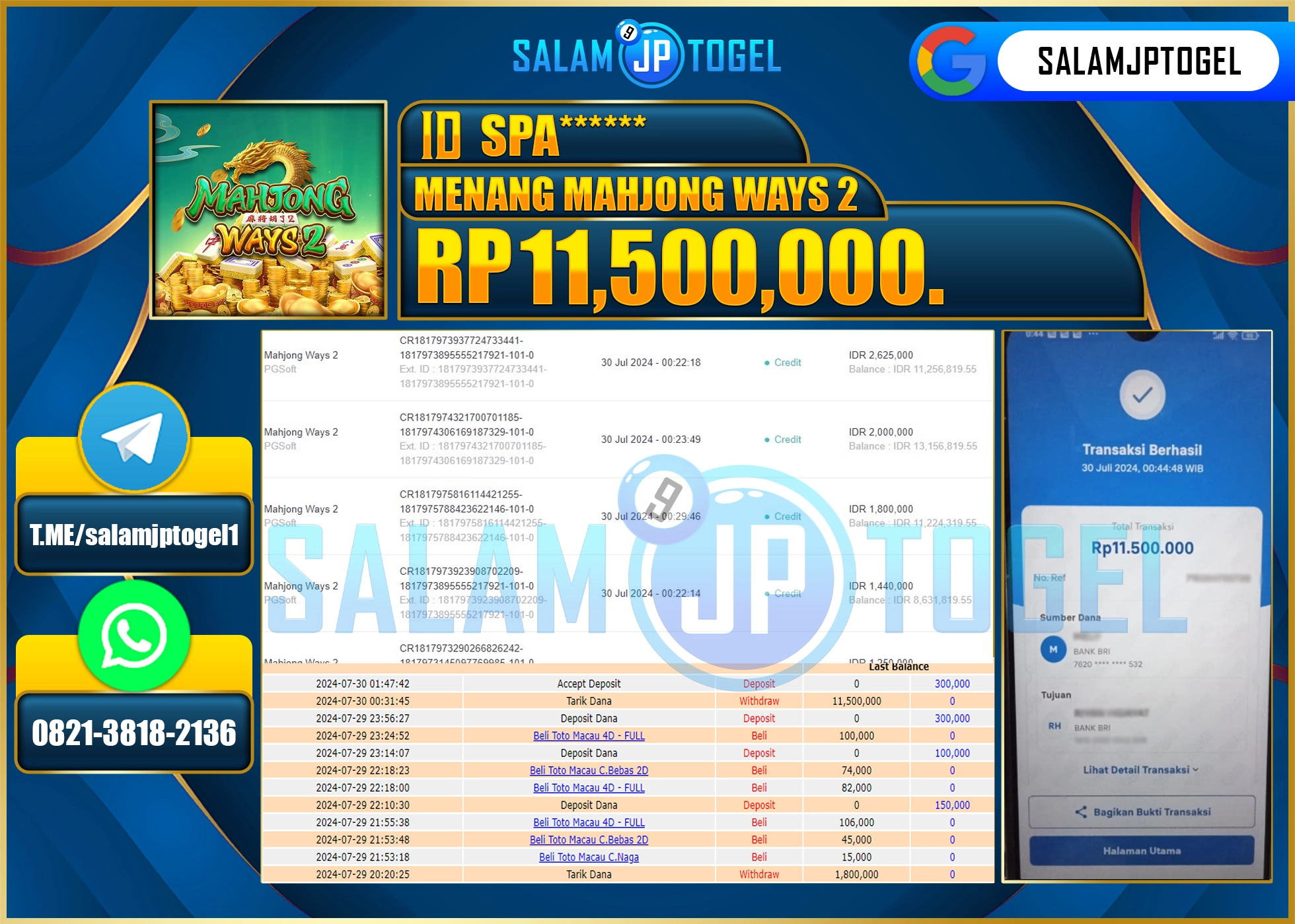 SALAMJPTOGEL MENANG SLOT MAHJONG WAYS 2 RP. 11,500,000.,LUNAS