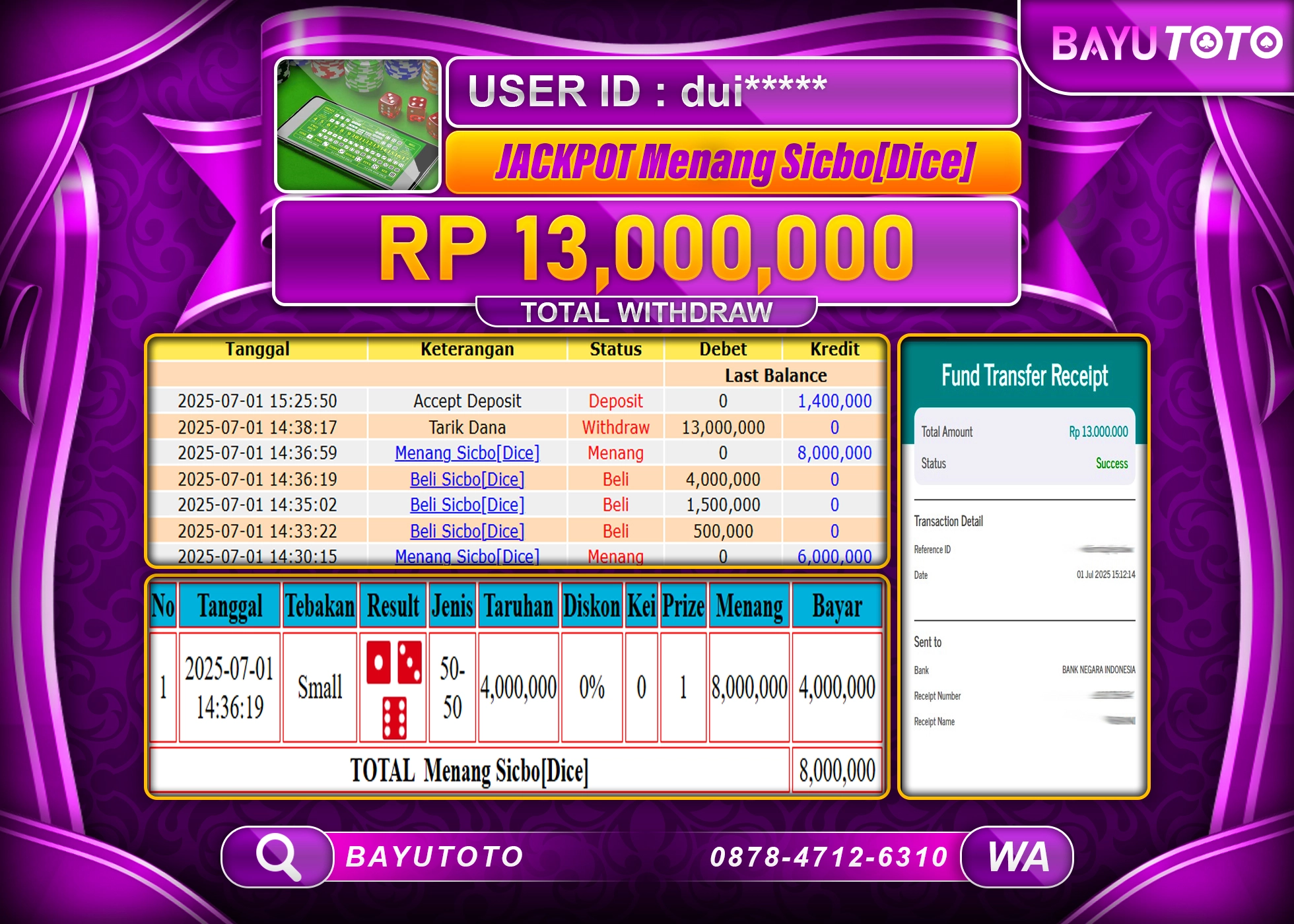 BAYUTOTO JACKPOT DI LIVE GAMES Sicbo[Dice] Rp.13,000,000 LUNAS