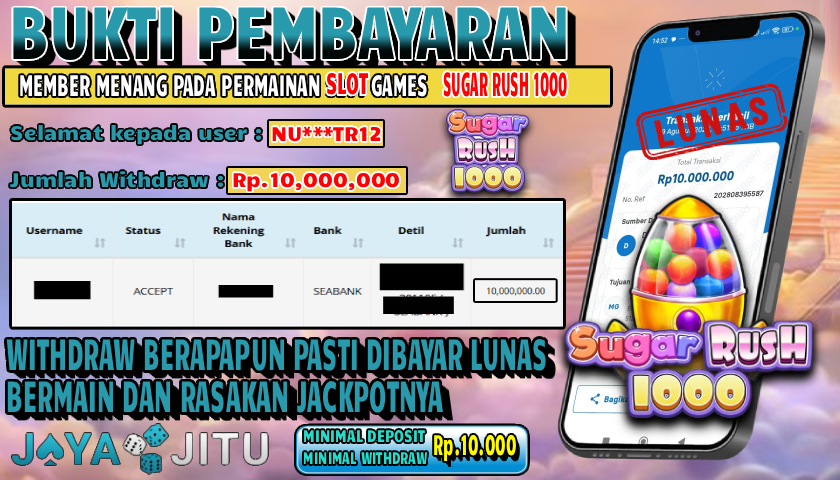 🏆 BUKTI KEMENANGAN SLOT SUGAR RUSH 1000 MEMBER  JAYAJITU🏆